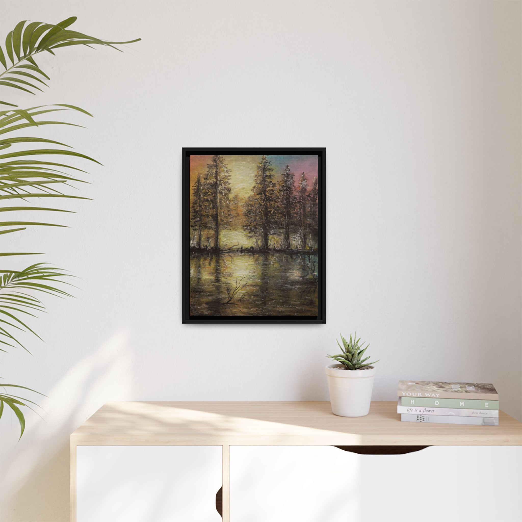 Framed Matte Canvas Wall Art — Sunset Forest Reflection