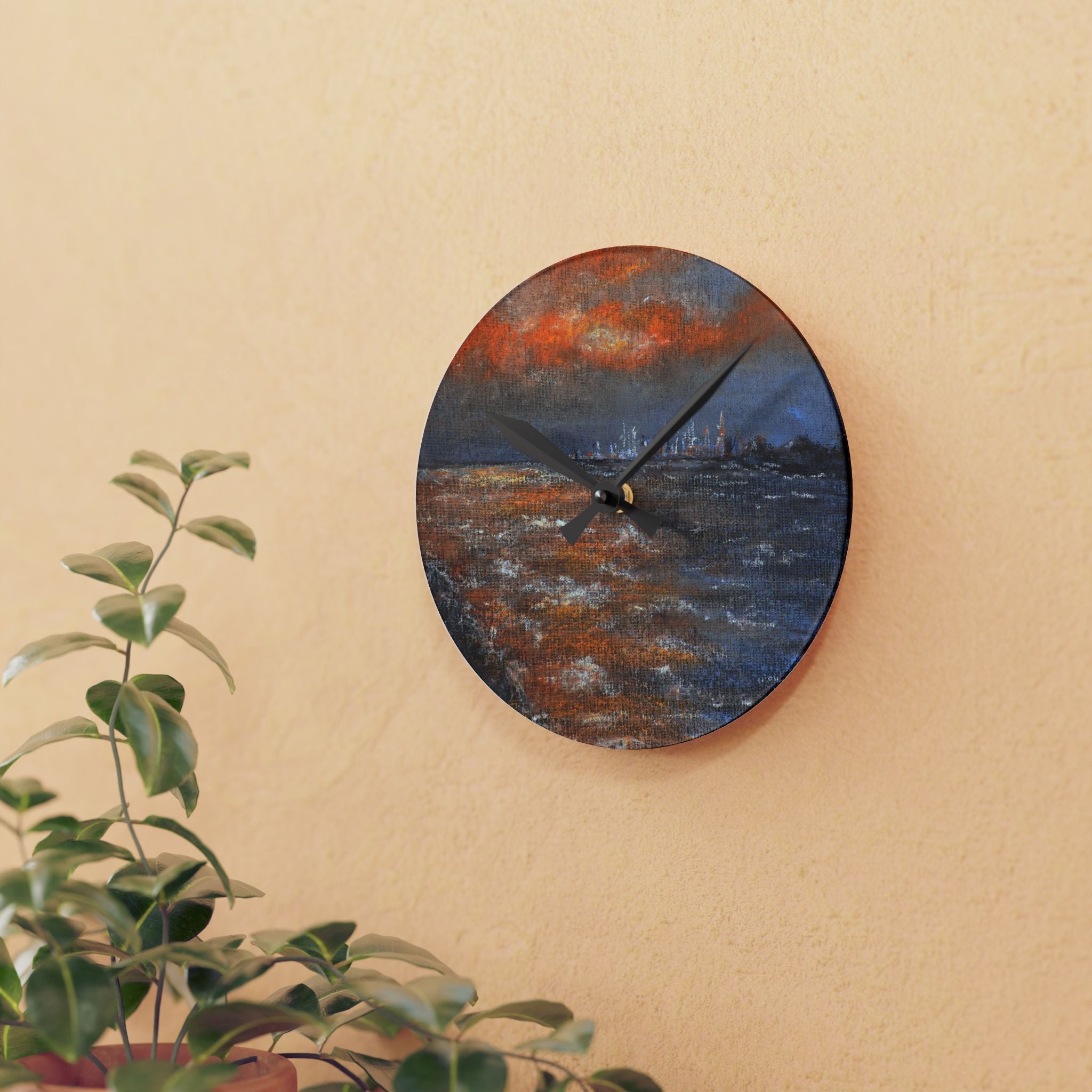 Abstract Seascape Acrylic Wall Clock — Moody Coastal Art Timepiece