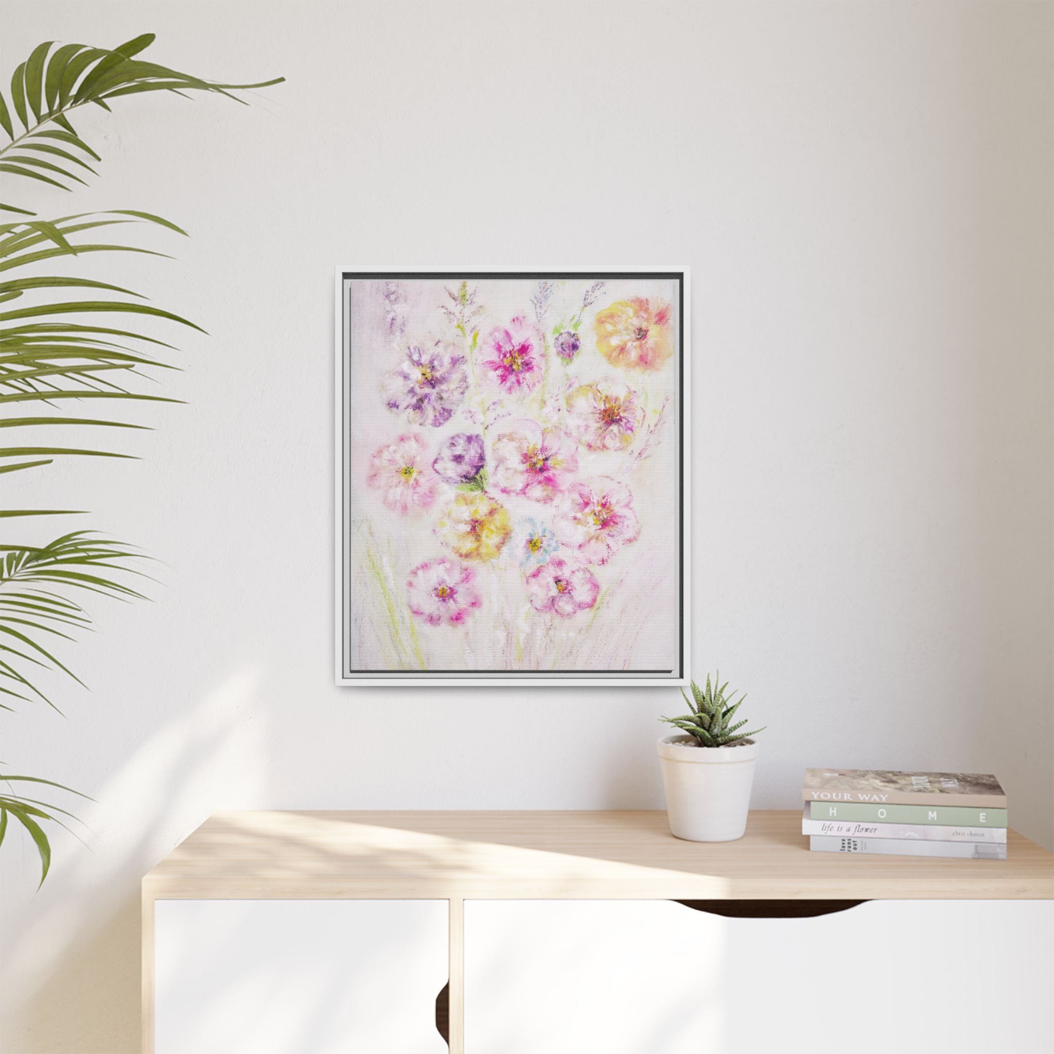 Framed Floral Canvas Print — Soft Pastel Bouquet Wall Art