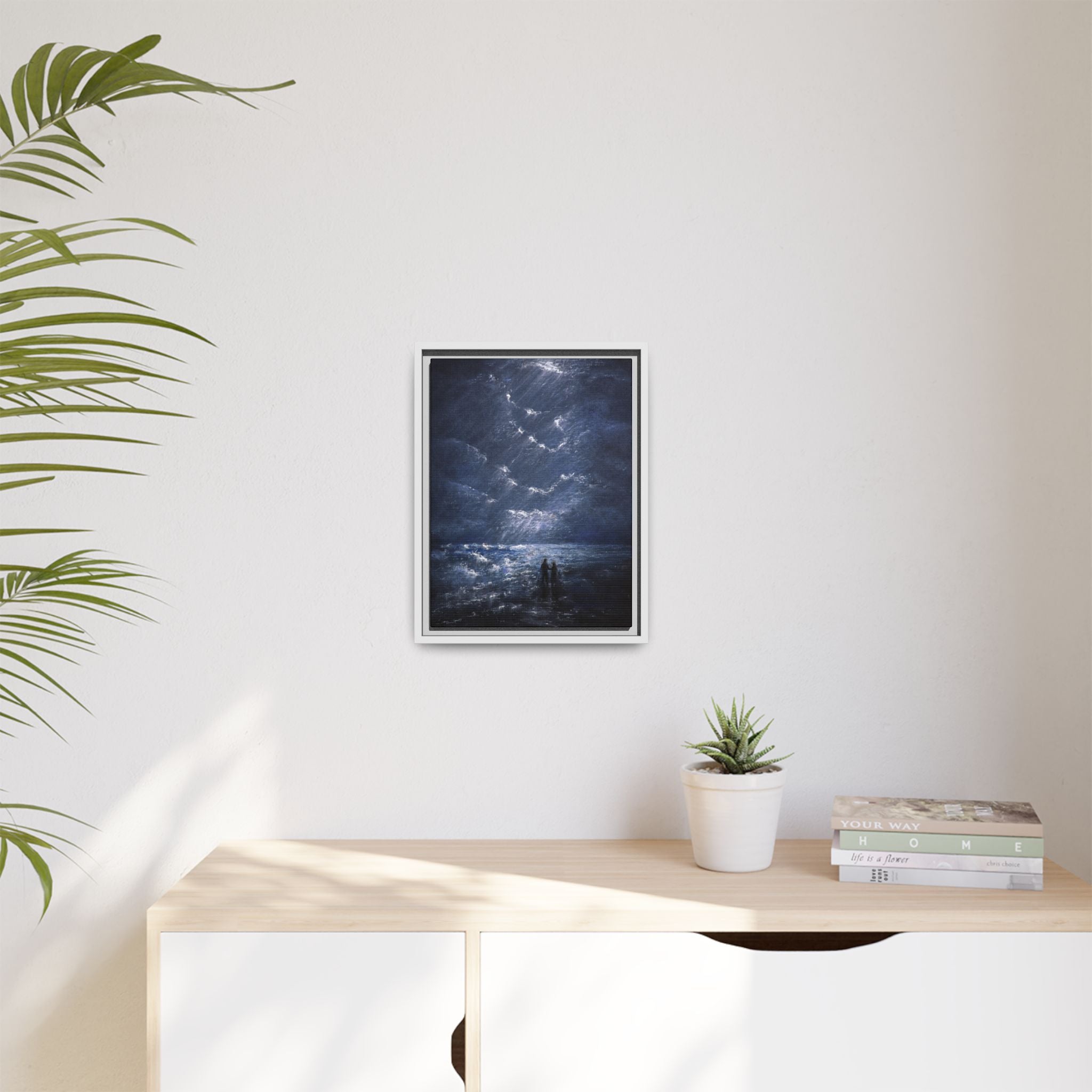 Couple on Shore at Night - Framed Canvas Art