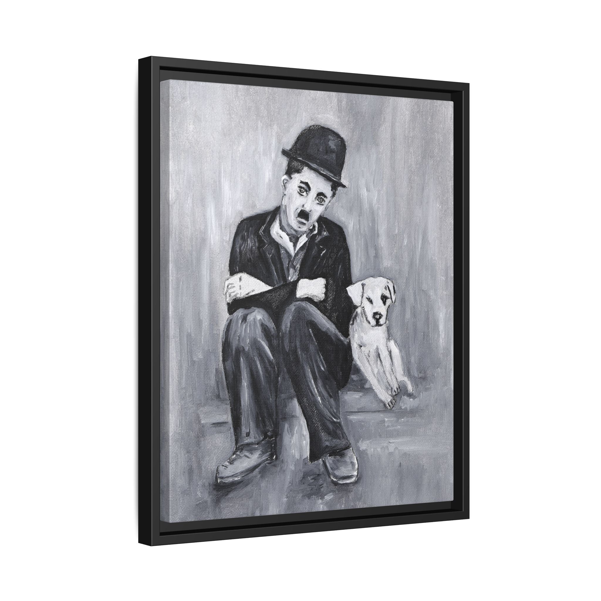 Charlie Chaplin & Dog Matte Framed Canvas Print — Vintage Black & White Wall Art