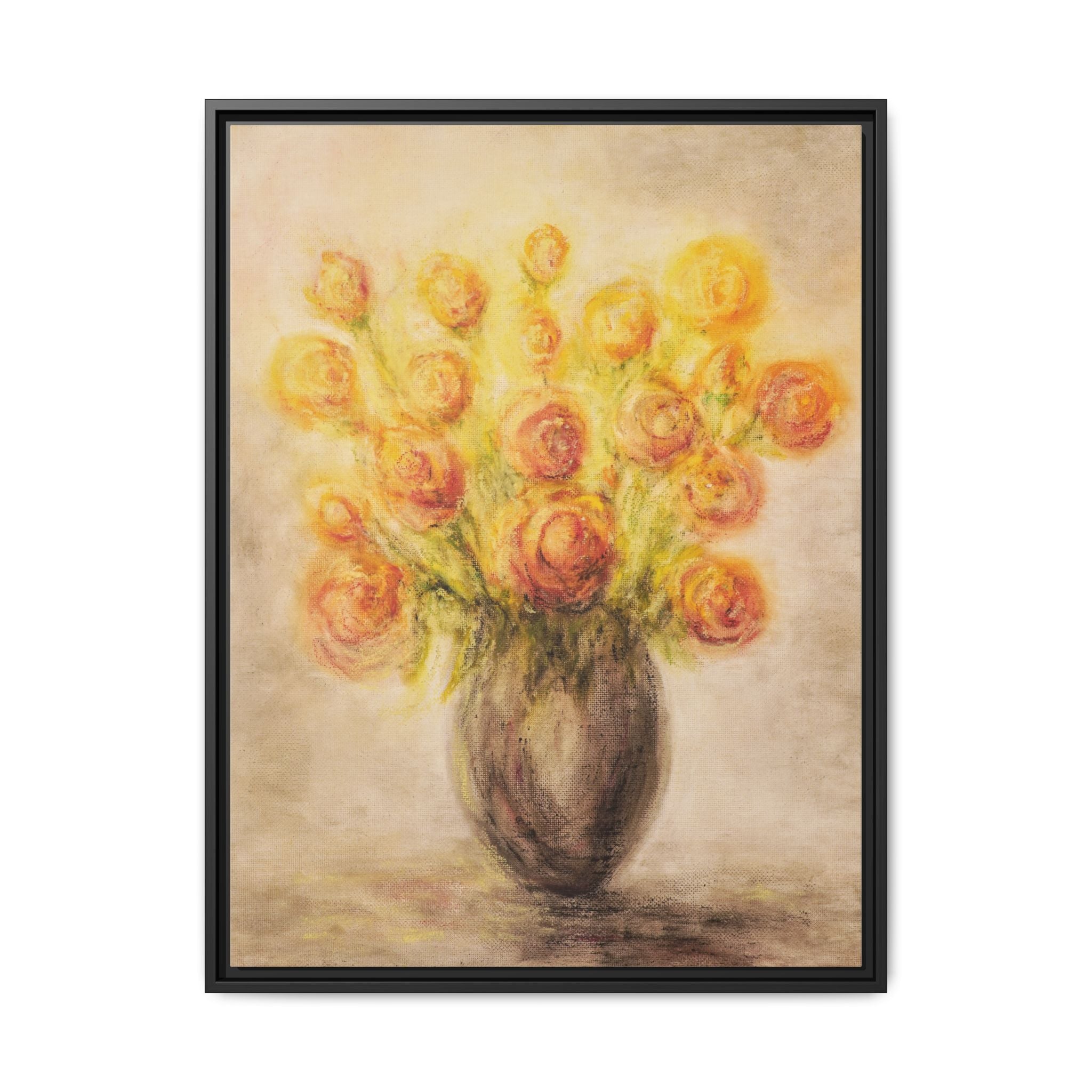 Framed Matte Canvas Floral Bouquet Wall Art — Yellow Rose Vase Print