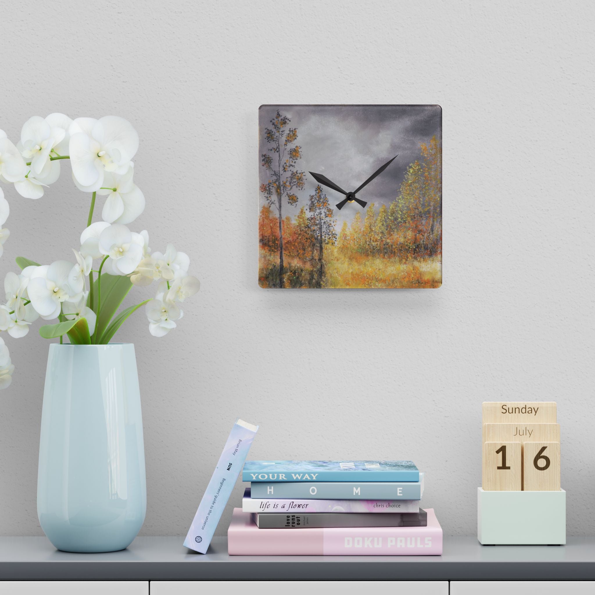 Autumn Meadow Acrylic Wall Clock – Moody Fall Landscape Home Decor