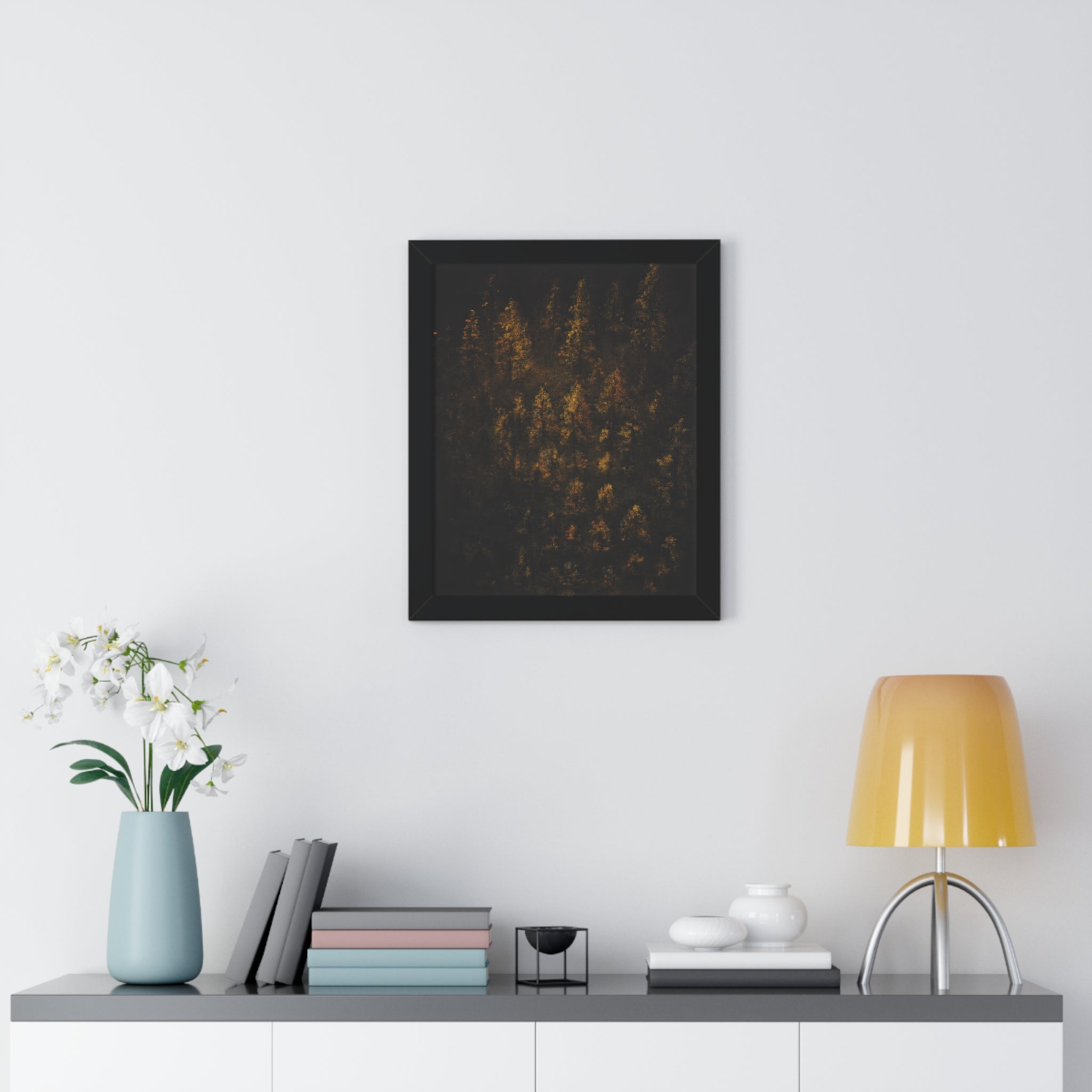 Framed Poster — Moody Golden Forest Wall Art (Vertical)