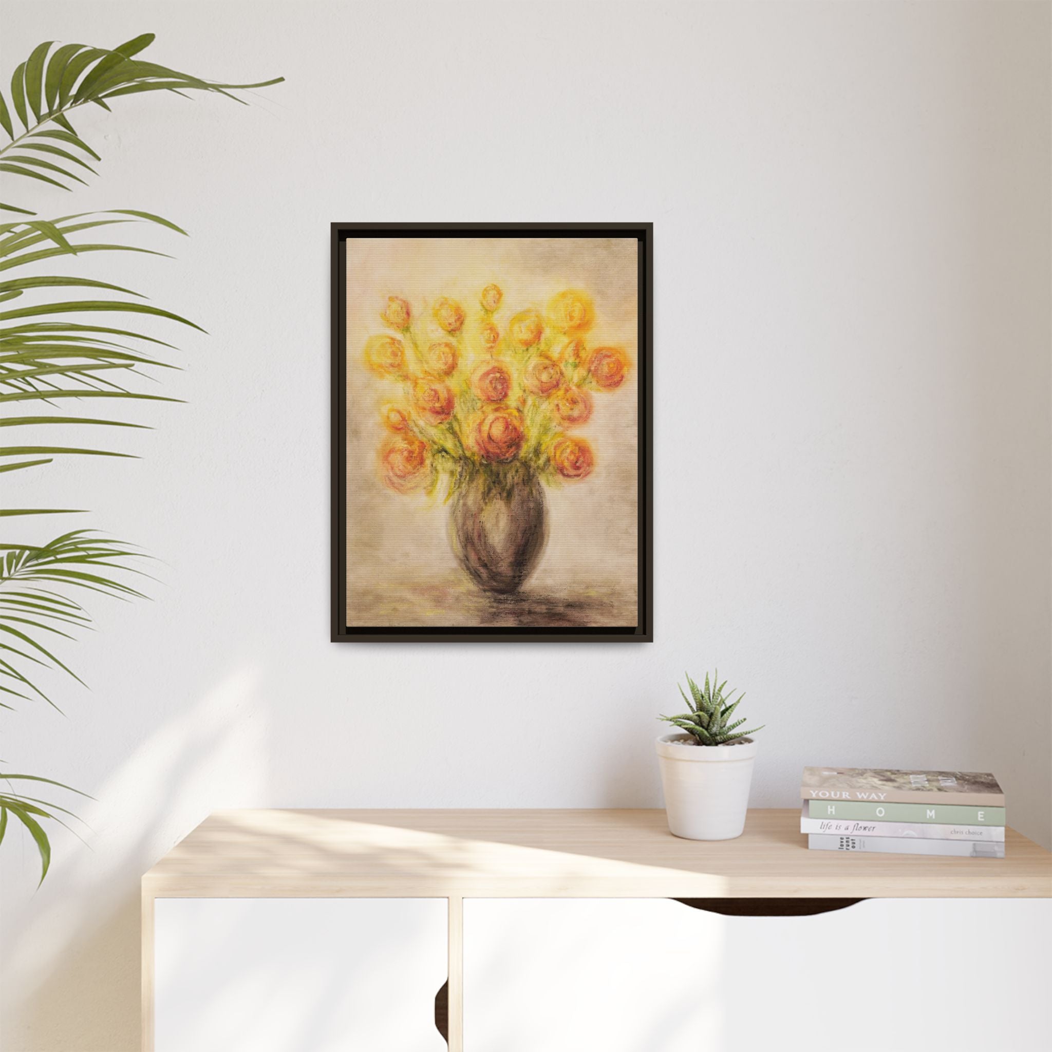 Framed Matte Canvas Floral Bouquet Wall Art — Yellow Rose Vase Print