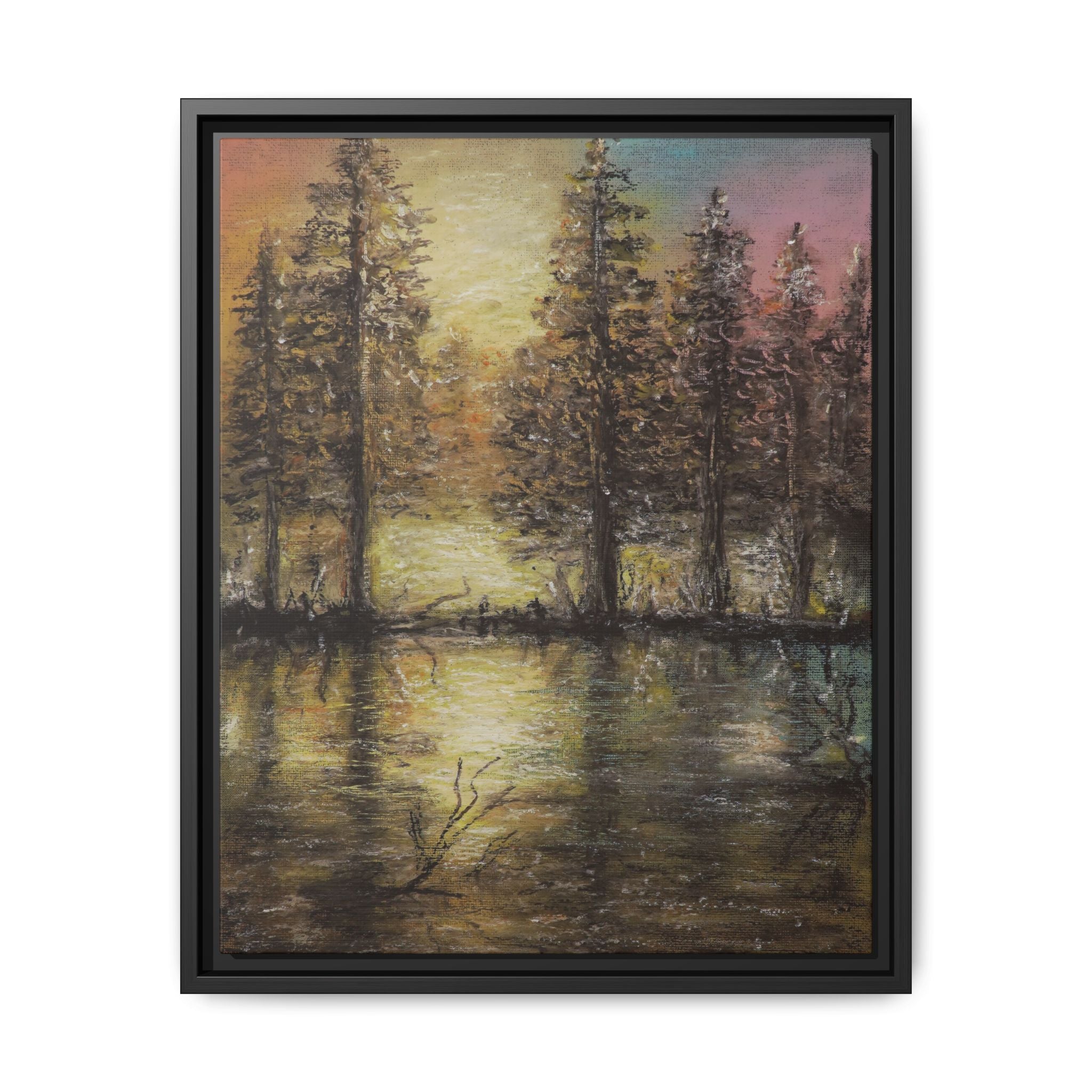 Framed Matte Canvas Wall Art — Sunset Forest Reflection