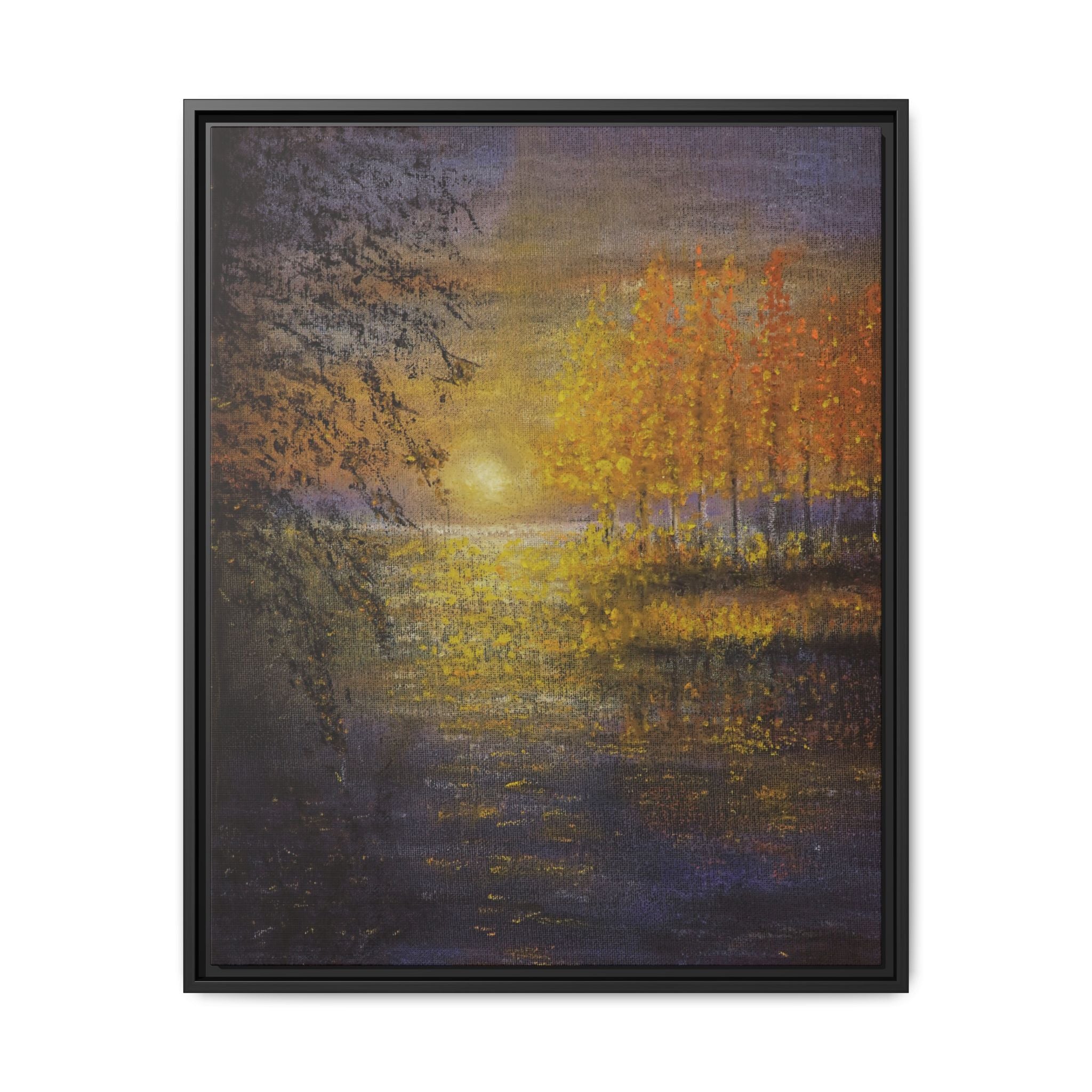 Framed Matte Canvas Painting - Golden Trees Over Tranquil Lake