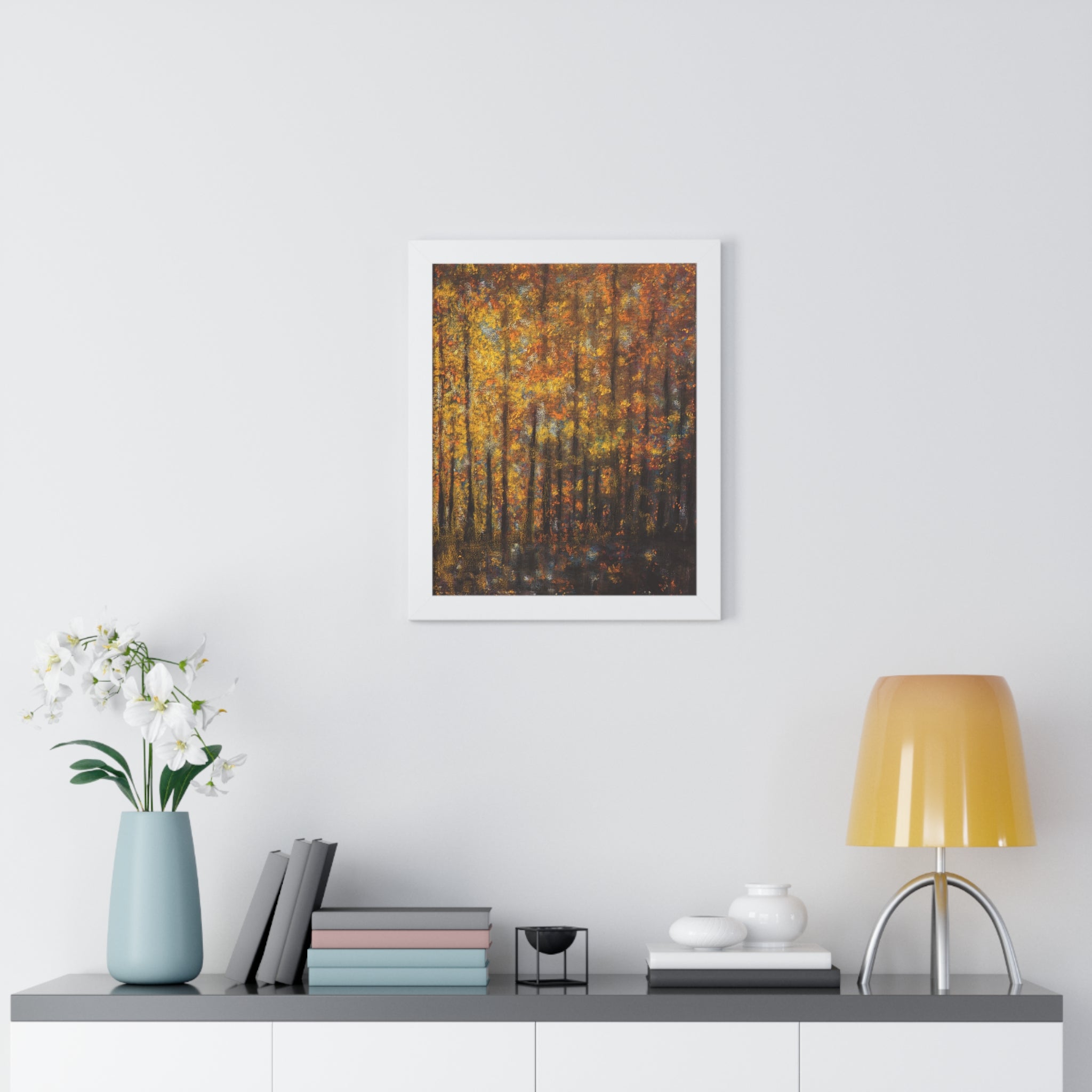 Autumn Forest Framed Poster — Vertical Fall Trees Wall Art