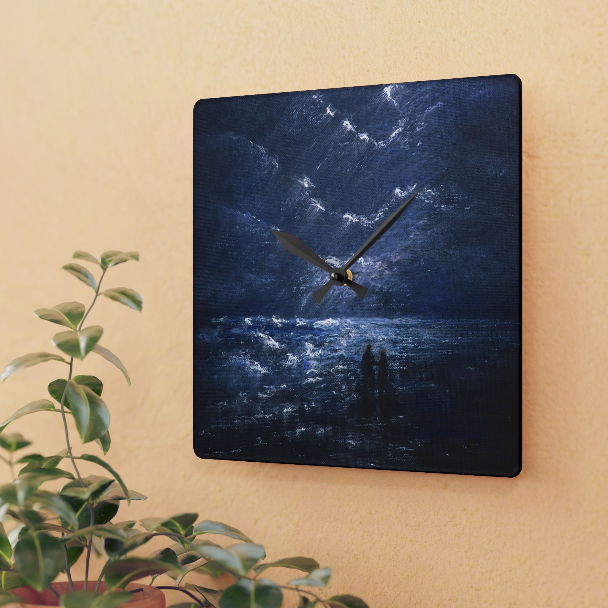 Acrylic Wall Clock — Moody Coastal Nightscape Clock (Couple on Shore)