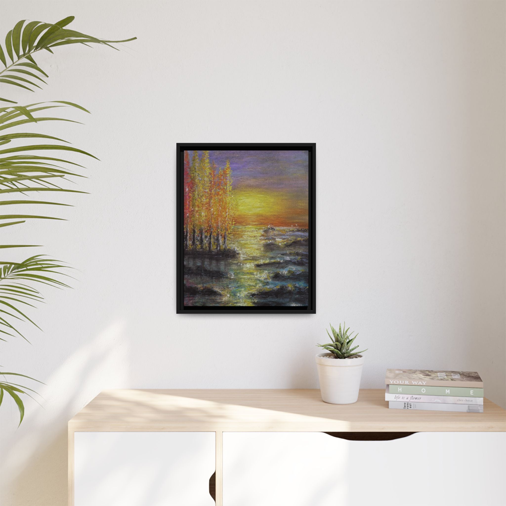 Tranquil Sunset Lake - Framed Matte Canvas Art Print