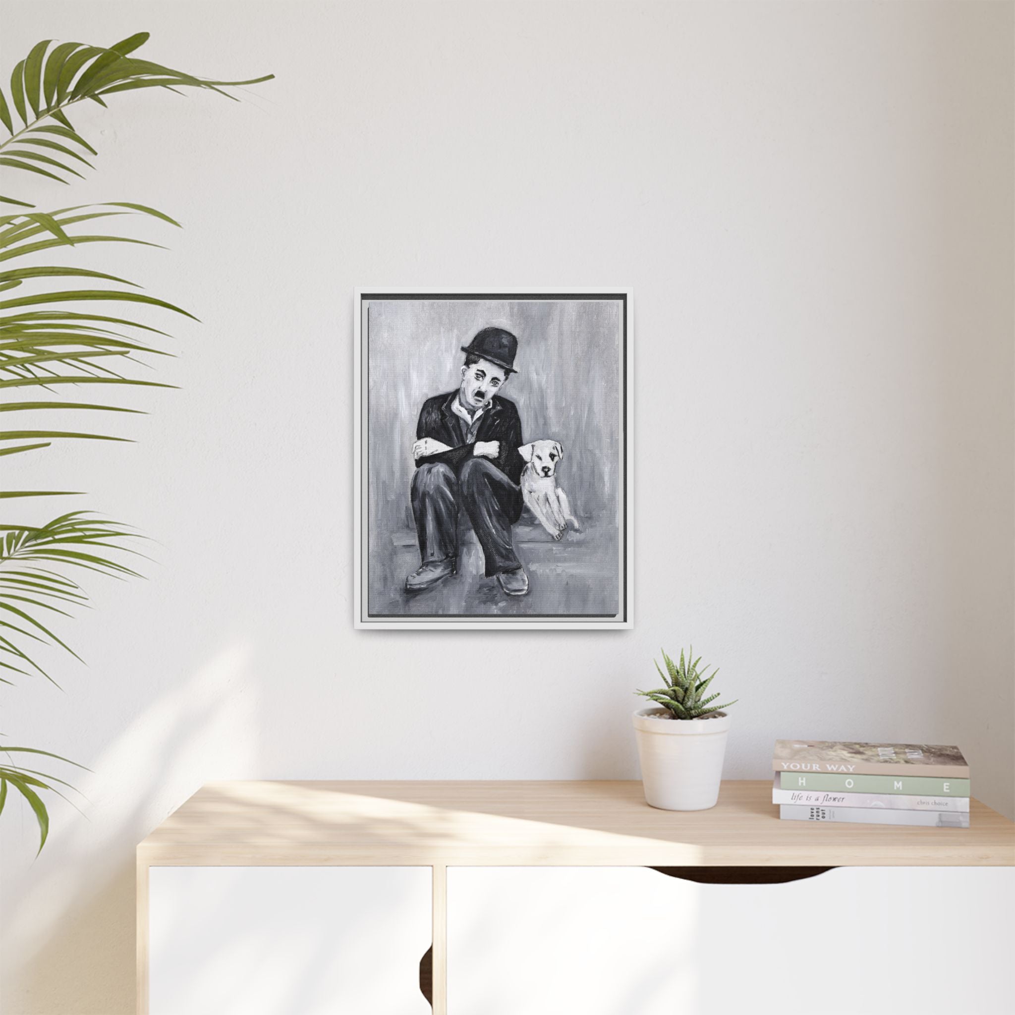 Charlie Chaplin & Dog Matte Framed Canvas Print — Vintage Black & White Wall Art