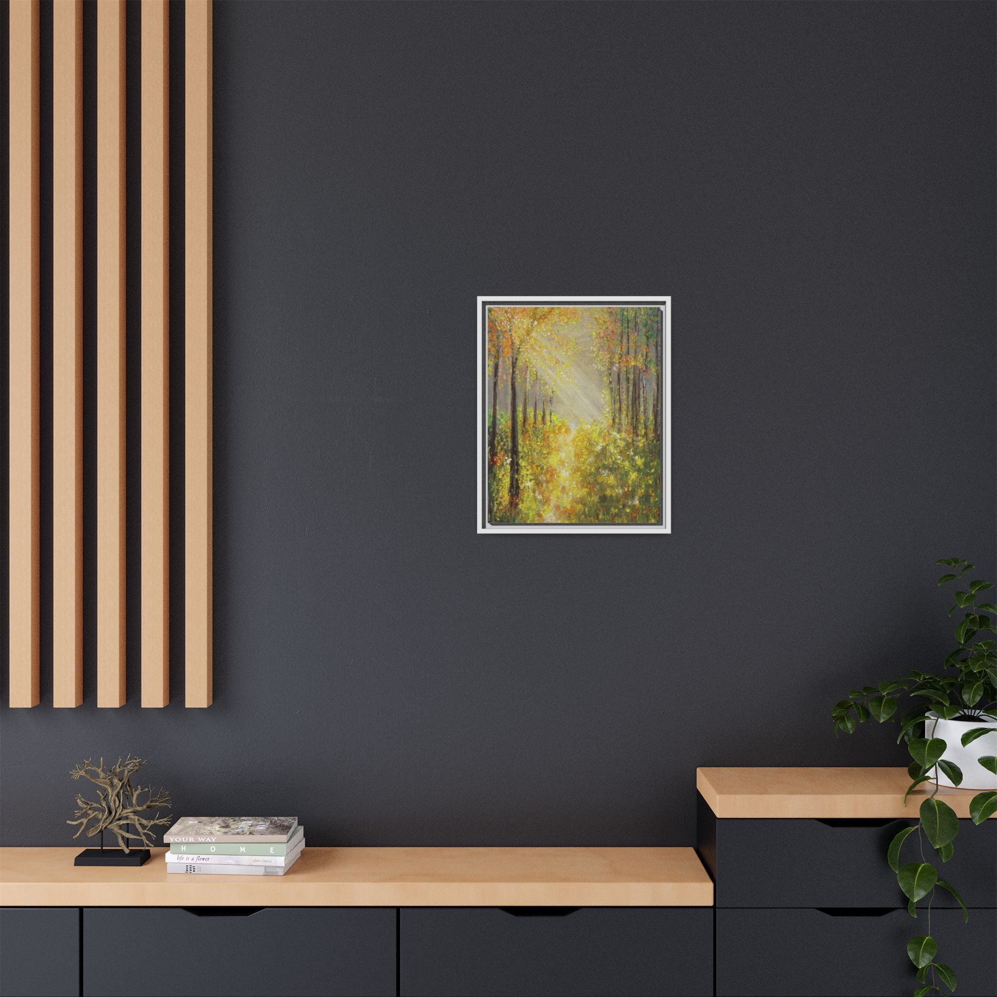 Sunlit Forest Path Framed Canvas Art — Autumn Woodland Wall Decor