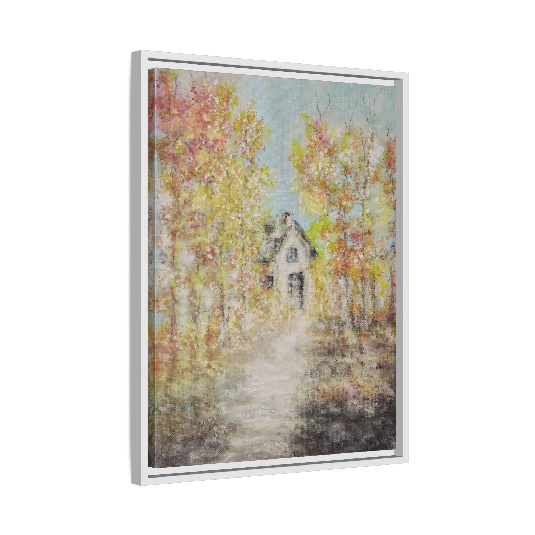 Framed Autumn Cottage Canvas Print — Rustic Fall Landscape Wall Art