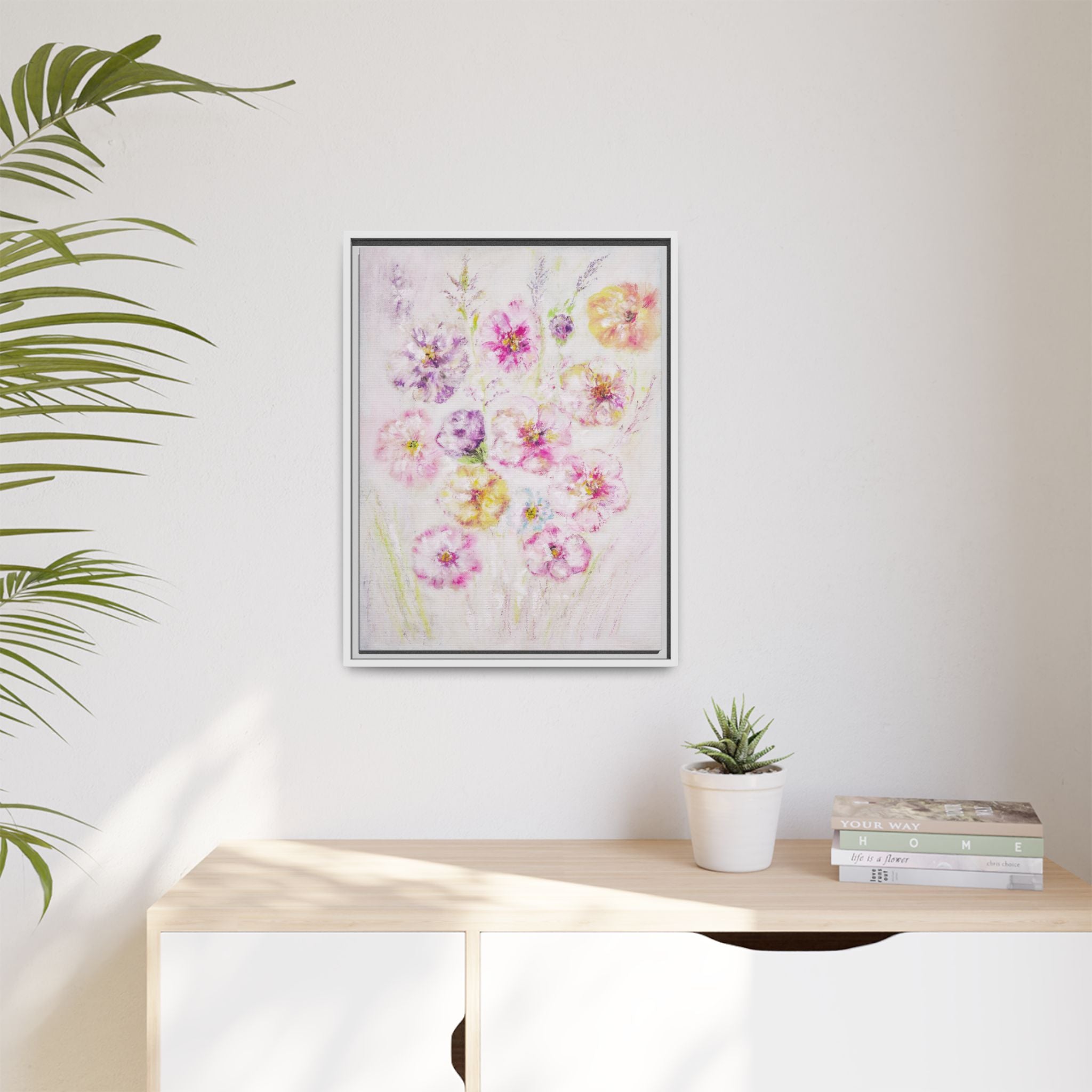 Framed Floral Canvas Print — Soft Pastel Bouquet Wall Art