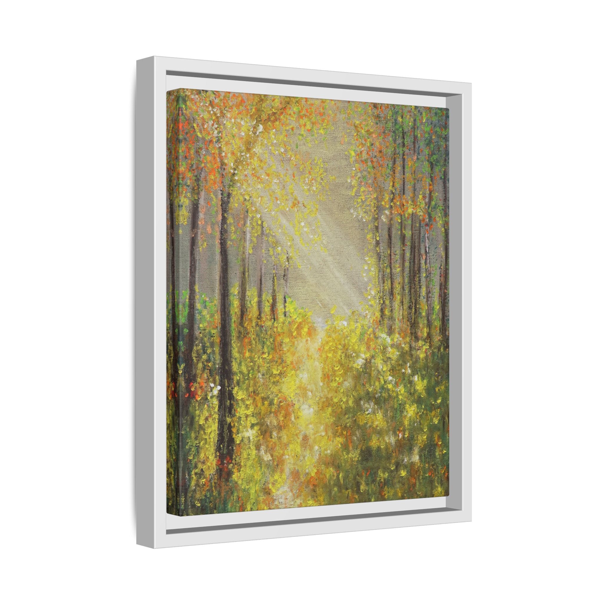Sunlit Forest Path Framed Canvas Art — Autumn Woodland Wall Decor