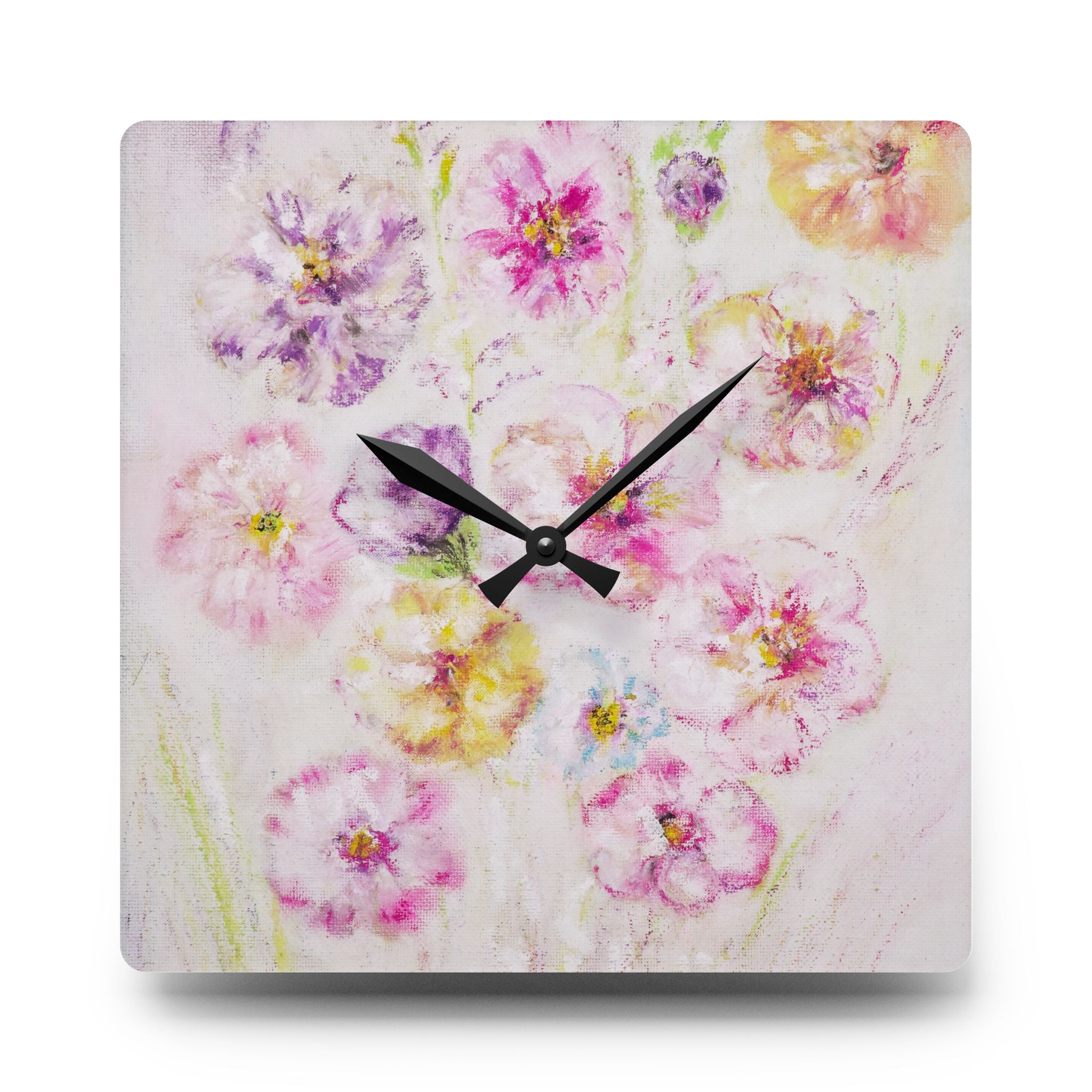 Floral Watercolor Acrylic Wall Clock – Pastel Flower Home Decor