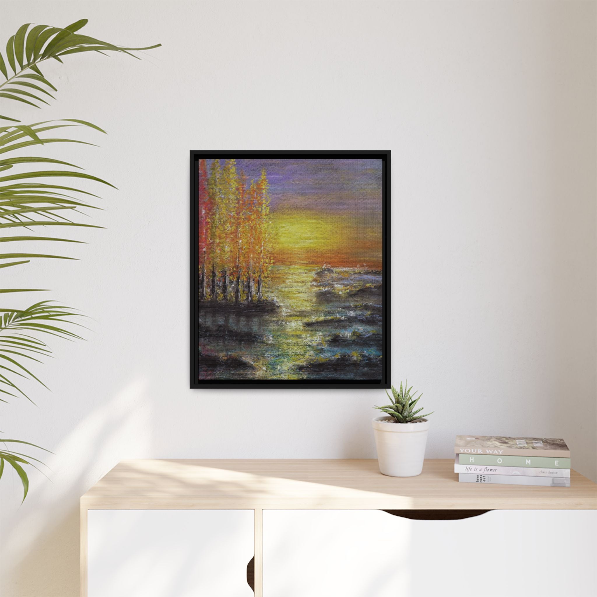 Tranquil Sunset Lake - Framed Matte Canvas Art Print