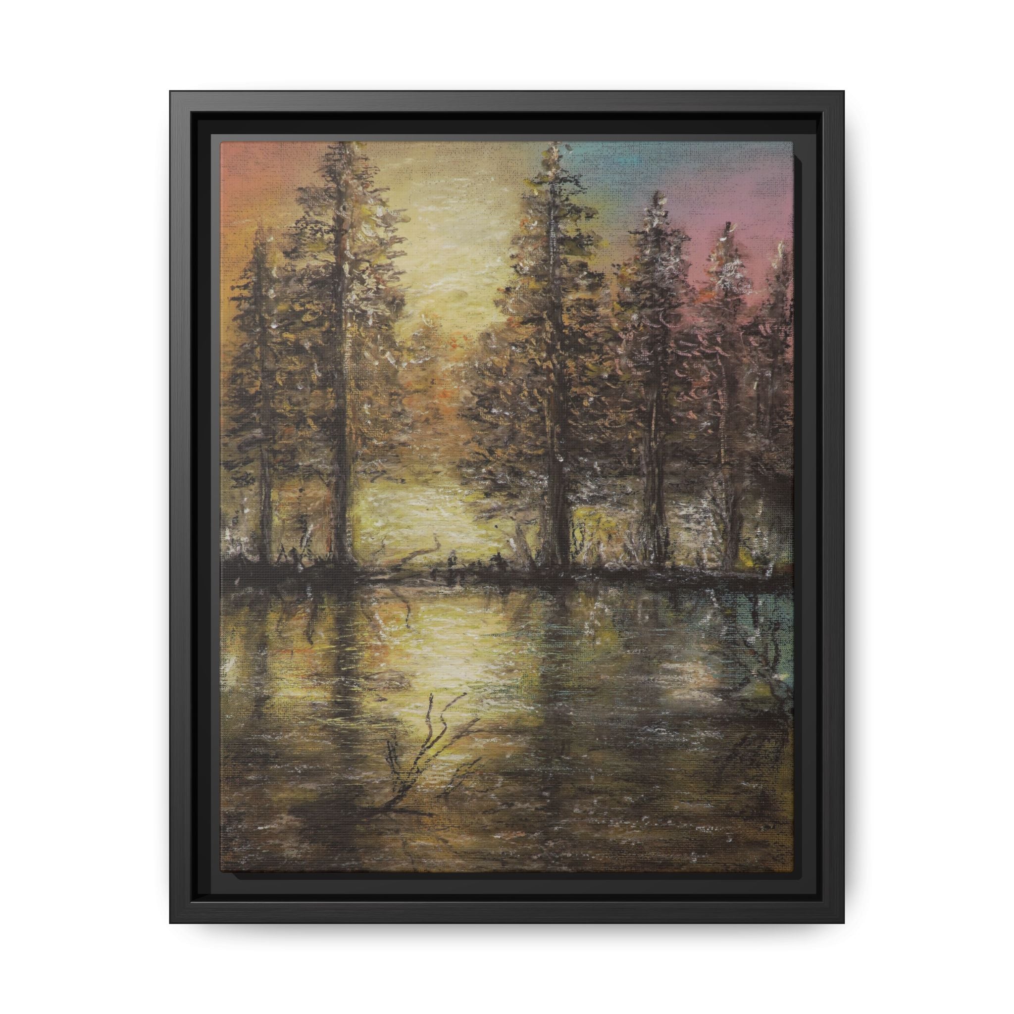 Framed Matte Canvas Wall Art — Sunset Forest Reflection