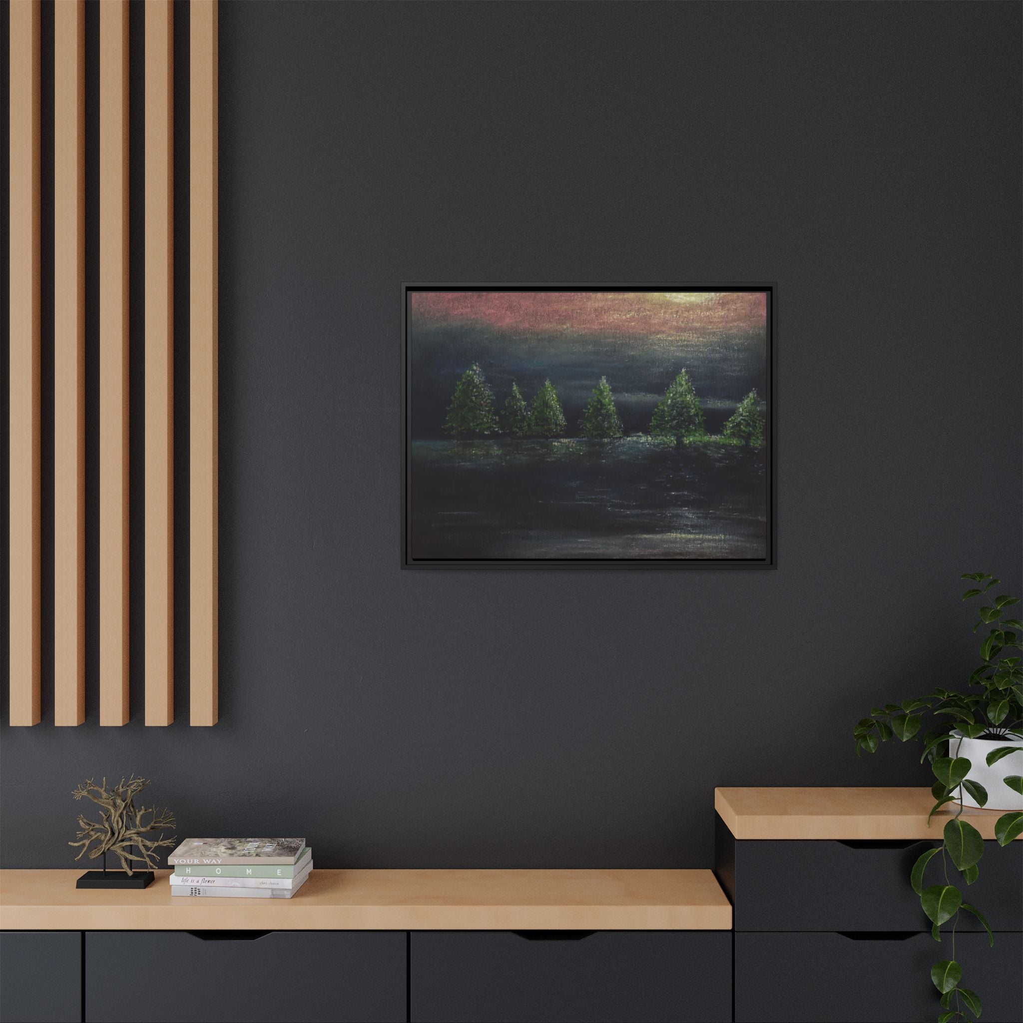 Framed Matte Canvas Wall Art — Moonlit Pine Trees Landscape