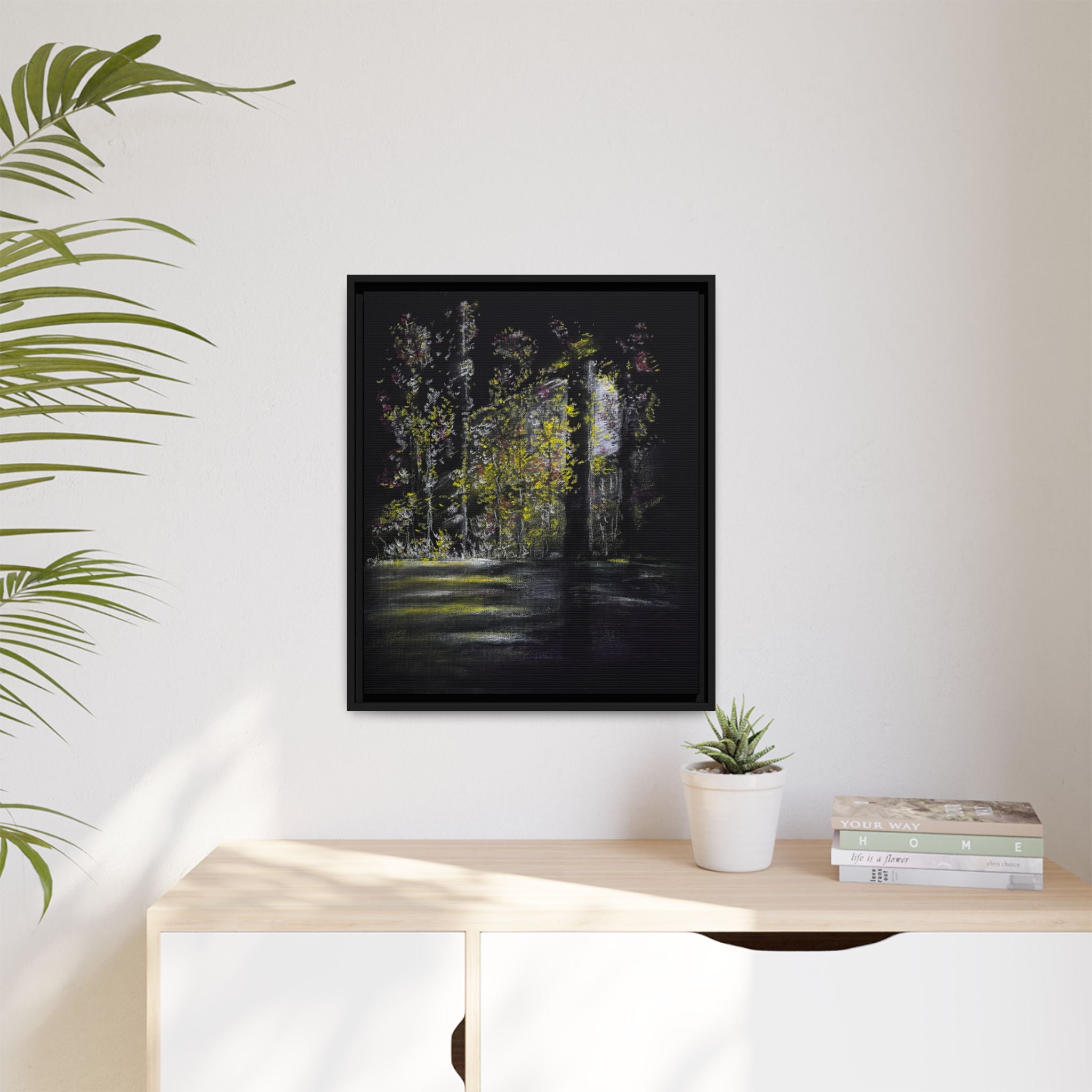 Framed Matte Canvas Forest Nightscape – Moody Woodland Wall Art