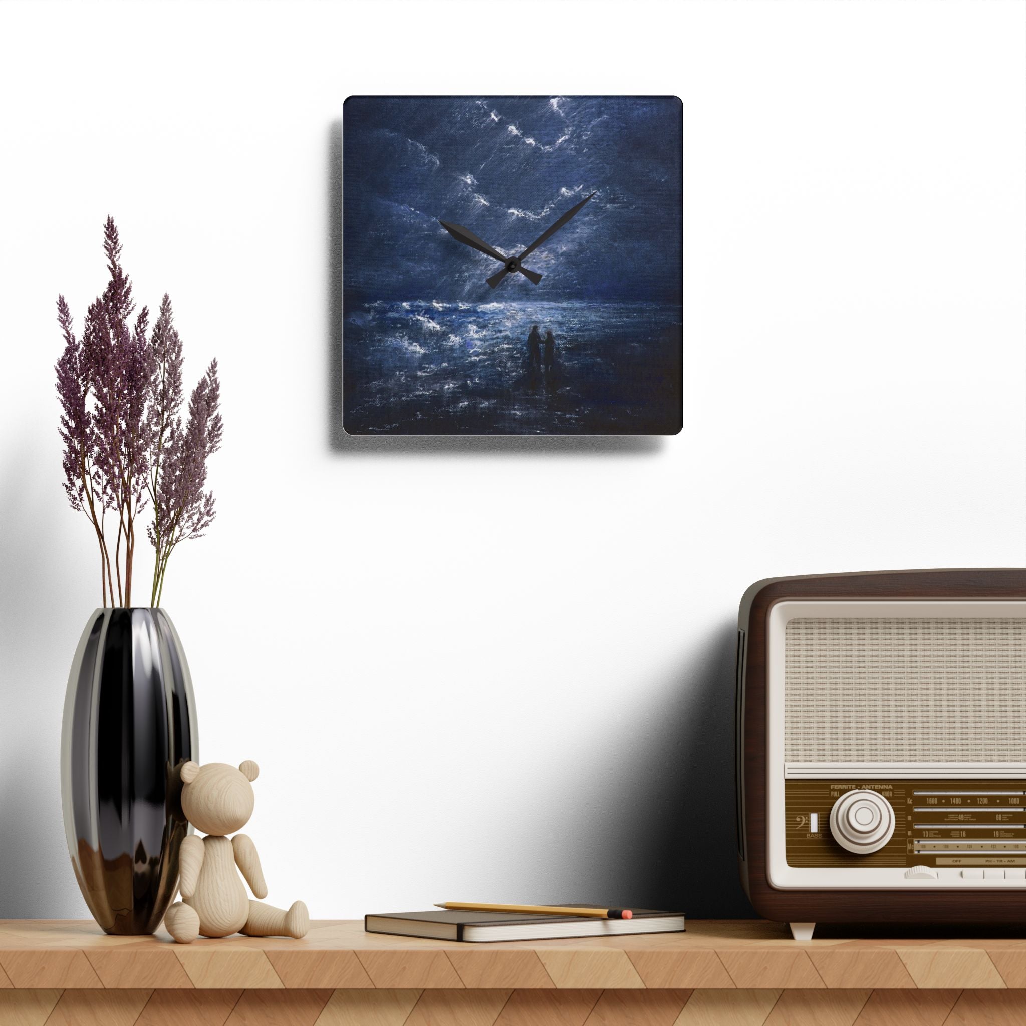 Acrylic Wall Clock — Moody Coastal Nightscape Clock (Couple on Shore)