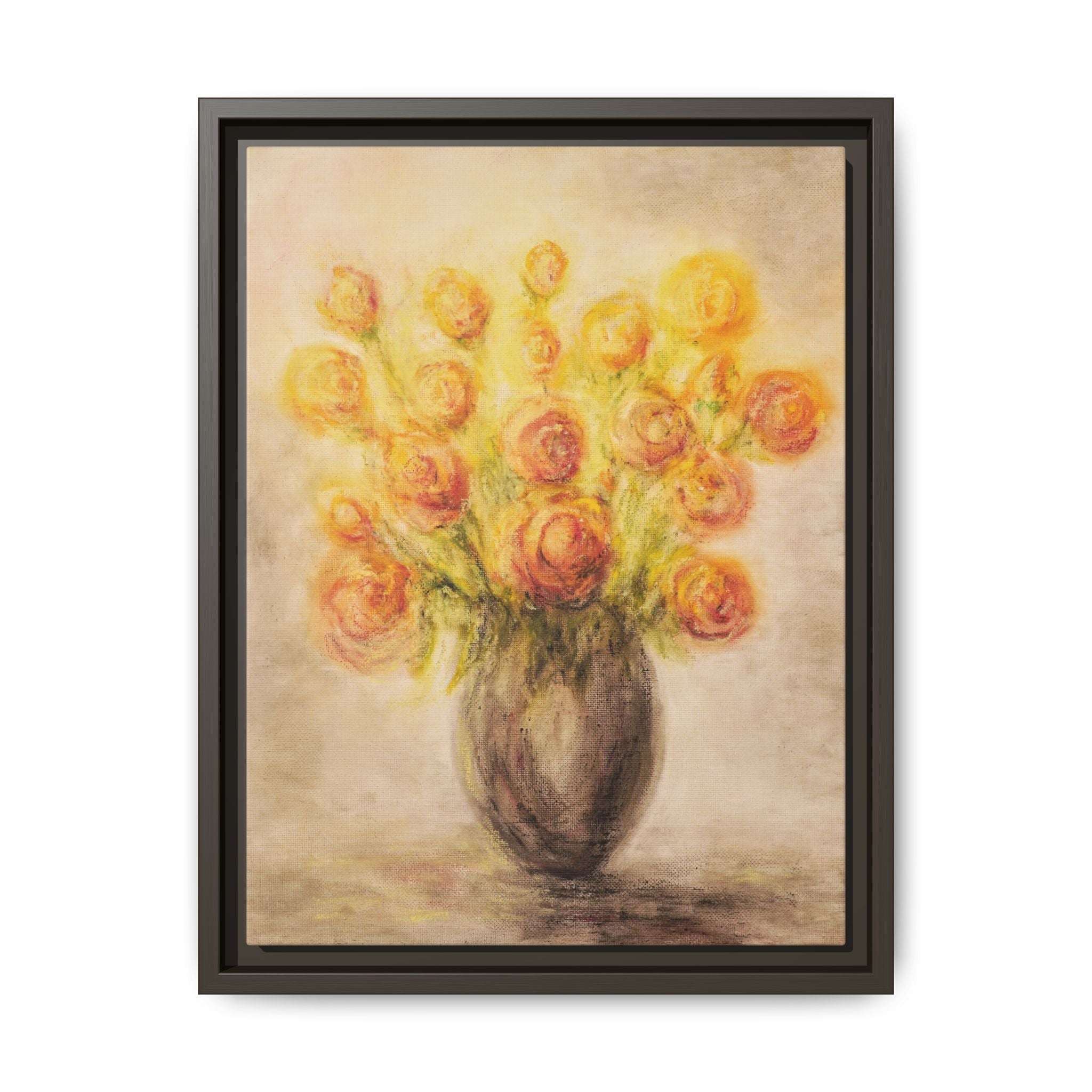 Framed Matte Canvas Floral Bouquet Wall Art — Yellow Rose Vase Print