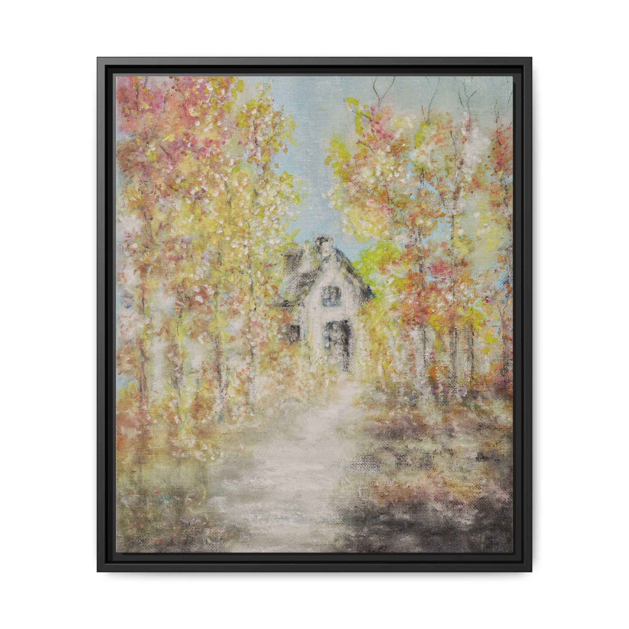 Framed Autumn Cottage Canvas Print — Rustic Fall Landscape Wall Art