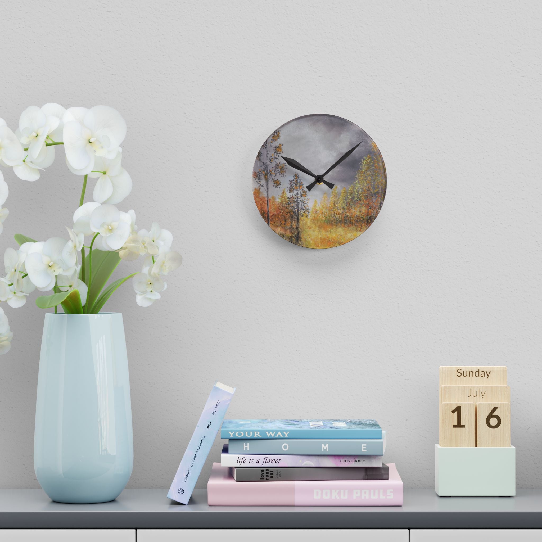 Autumn Meadow Acrylic Wall Clock – Moody Fall Landscape Home Decor