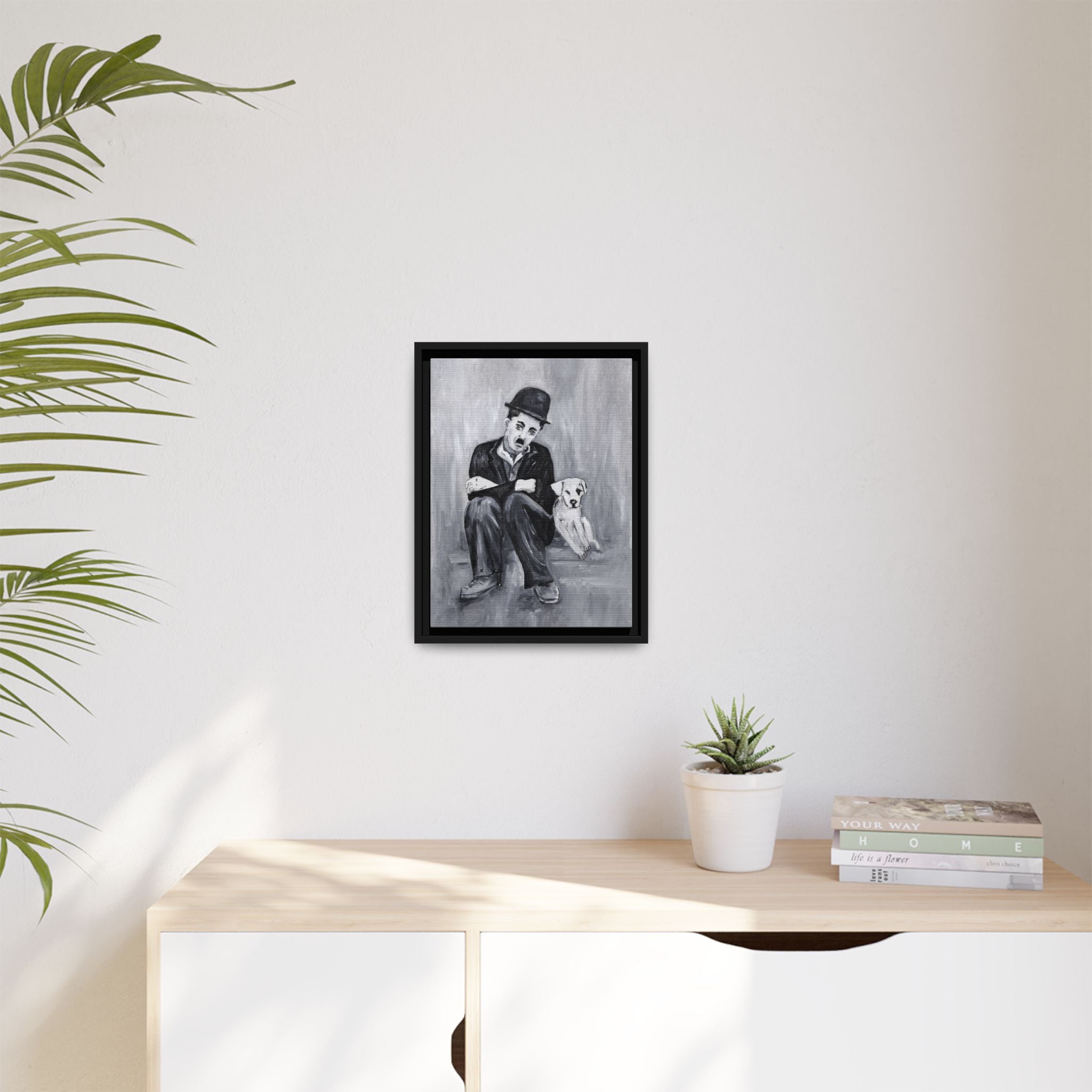 Charlie Chaplin & Dog Matte Framed Canvas Print — Vintage Black & White Wall Art