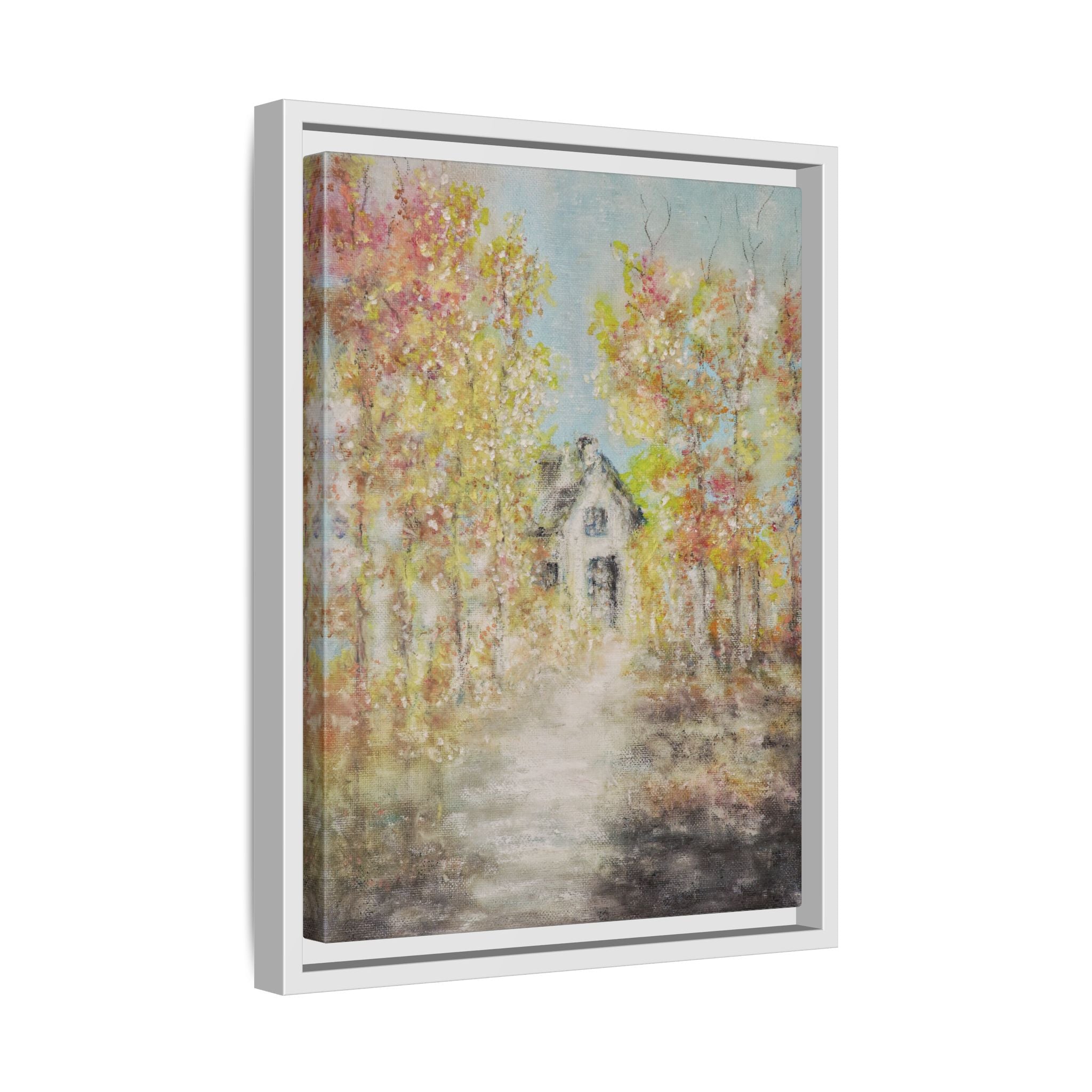 Framed Autumn Cottage Canvas Print — Rustic Fall Landscape Wall Art