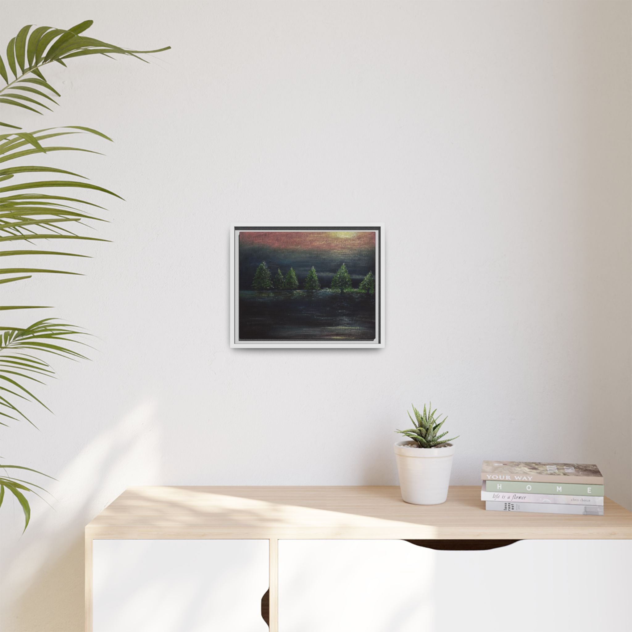 Framed Matte Canvas Wall Art — Moonlit Pine Trees Landscape
