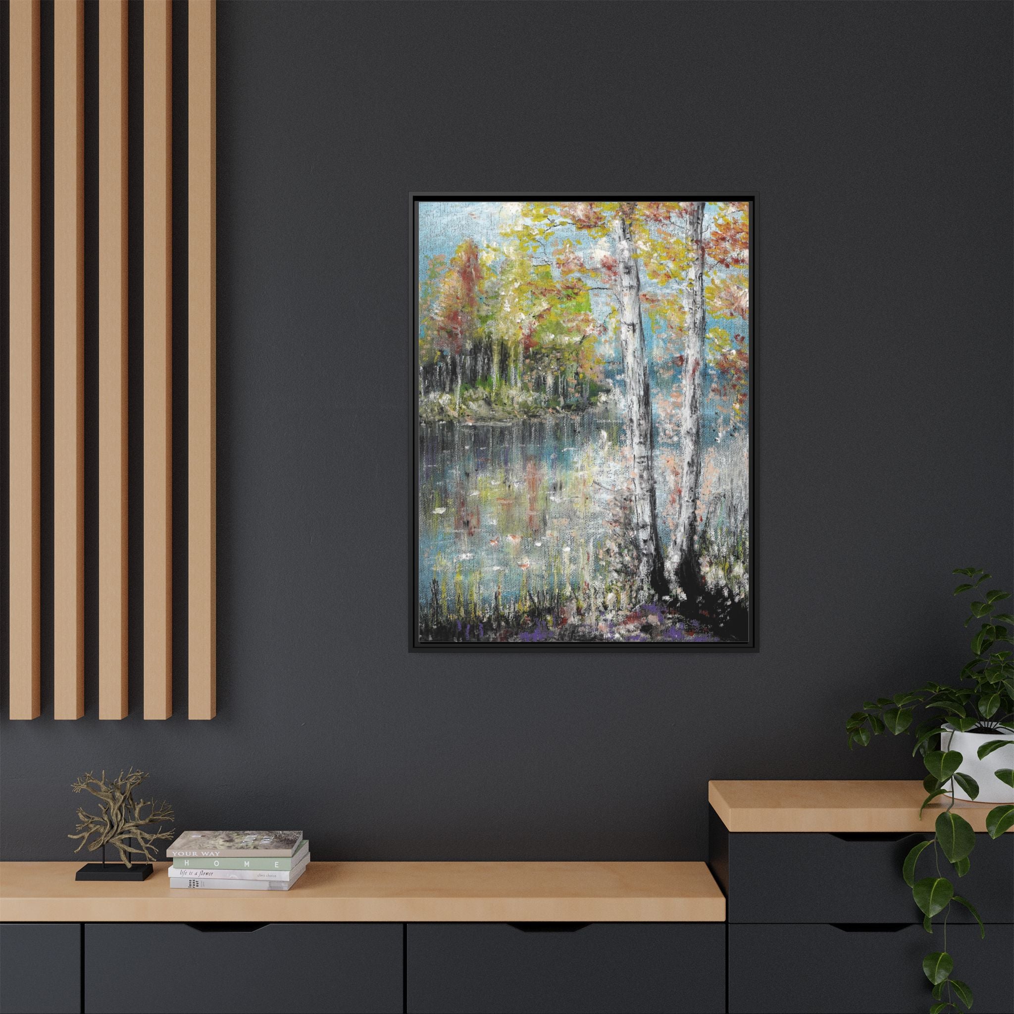 Framed Matte Canvas-Trees by the Lake