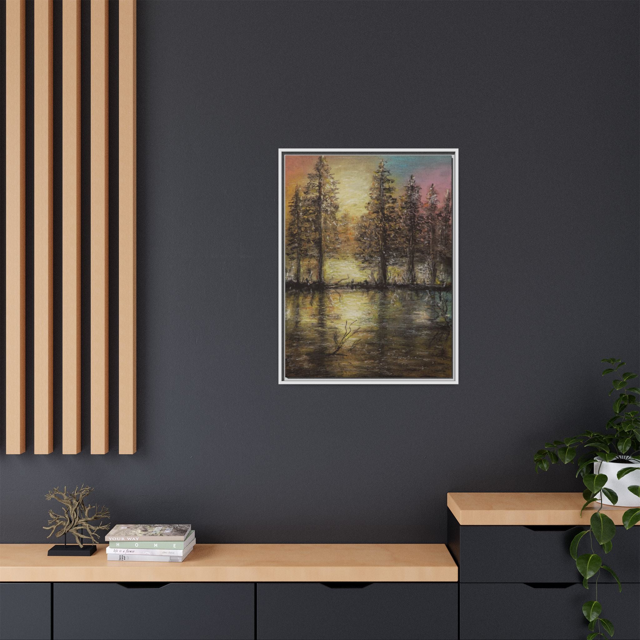 Framed Matte Canvas Wall Art — Sunset Forest Reflection