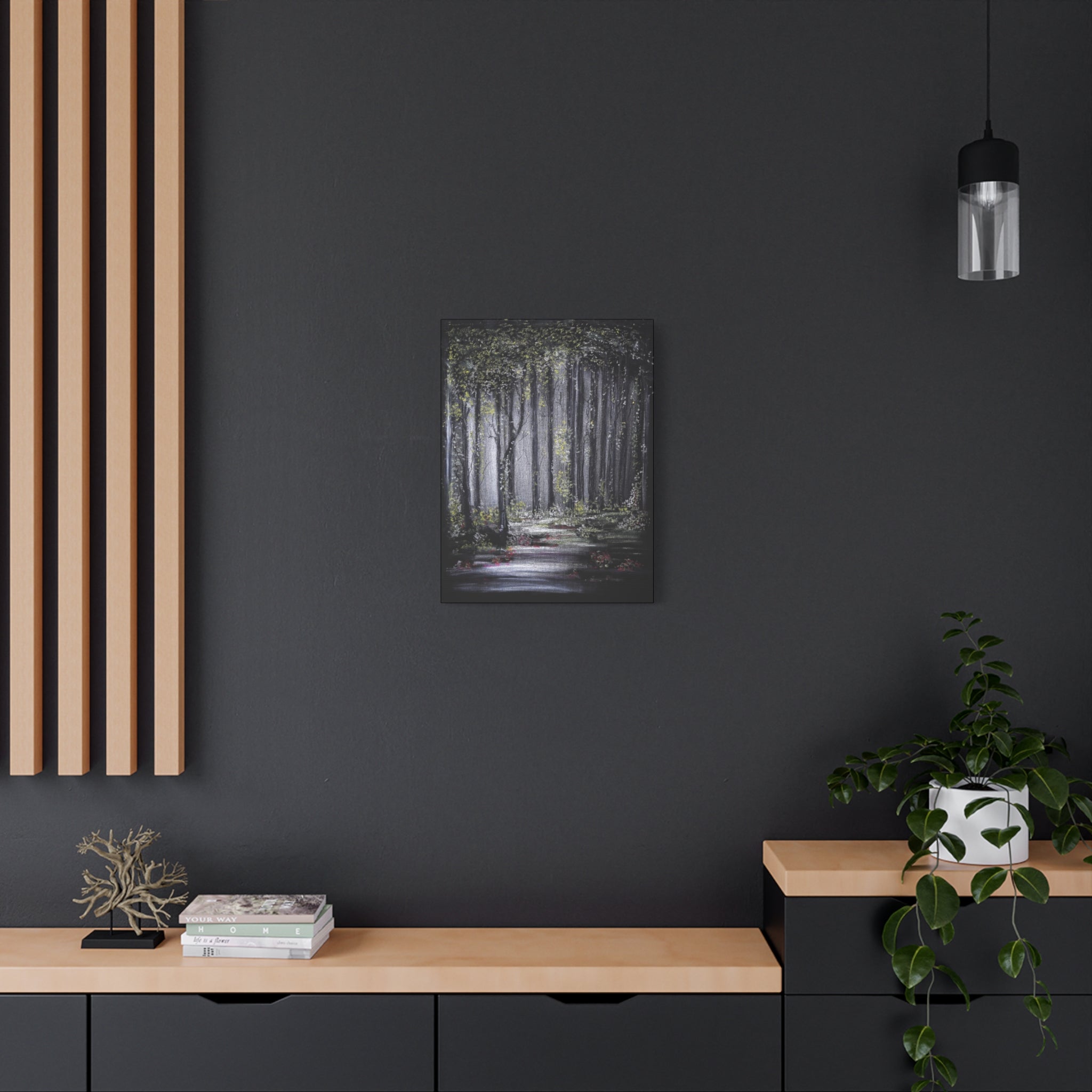 Forest Path Matte Canvas Wall Art — Moody Woodland Landscape, Stretched 1.25"