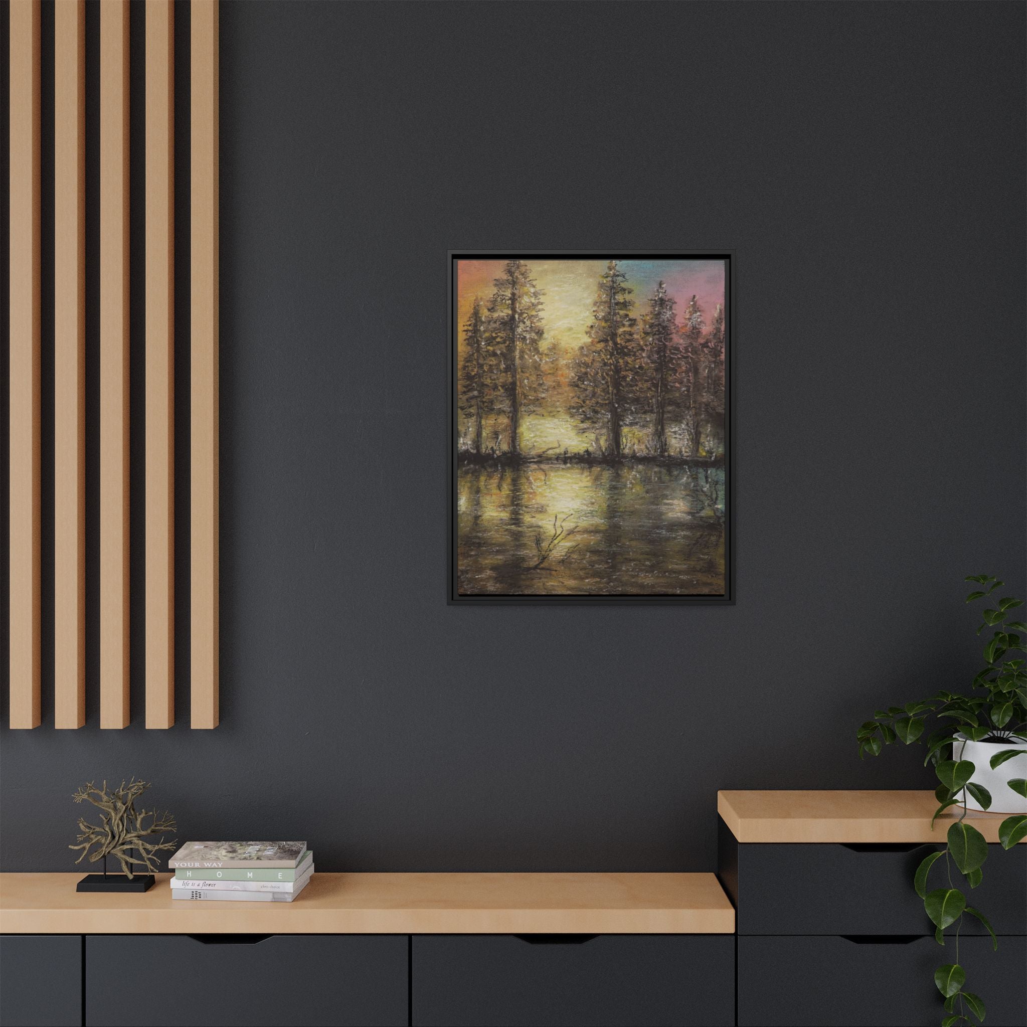 Framed Matte Canvas Wall Art — Sunset Forest Reflection