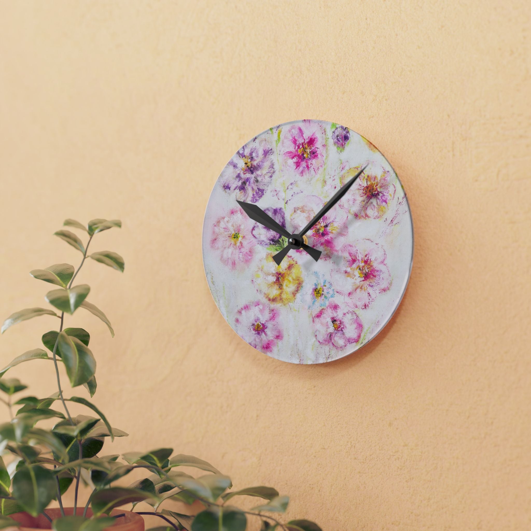 Floral Watercolor Acrylic Wall Clock – Pastel Flower Home Decor