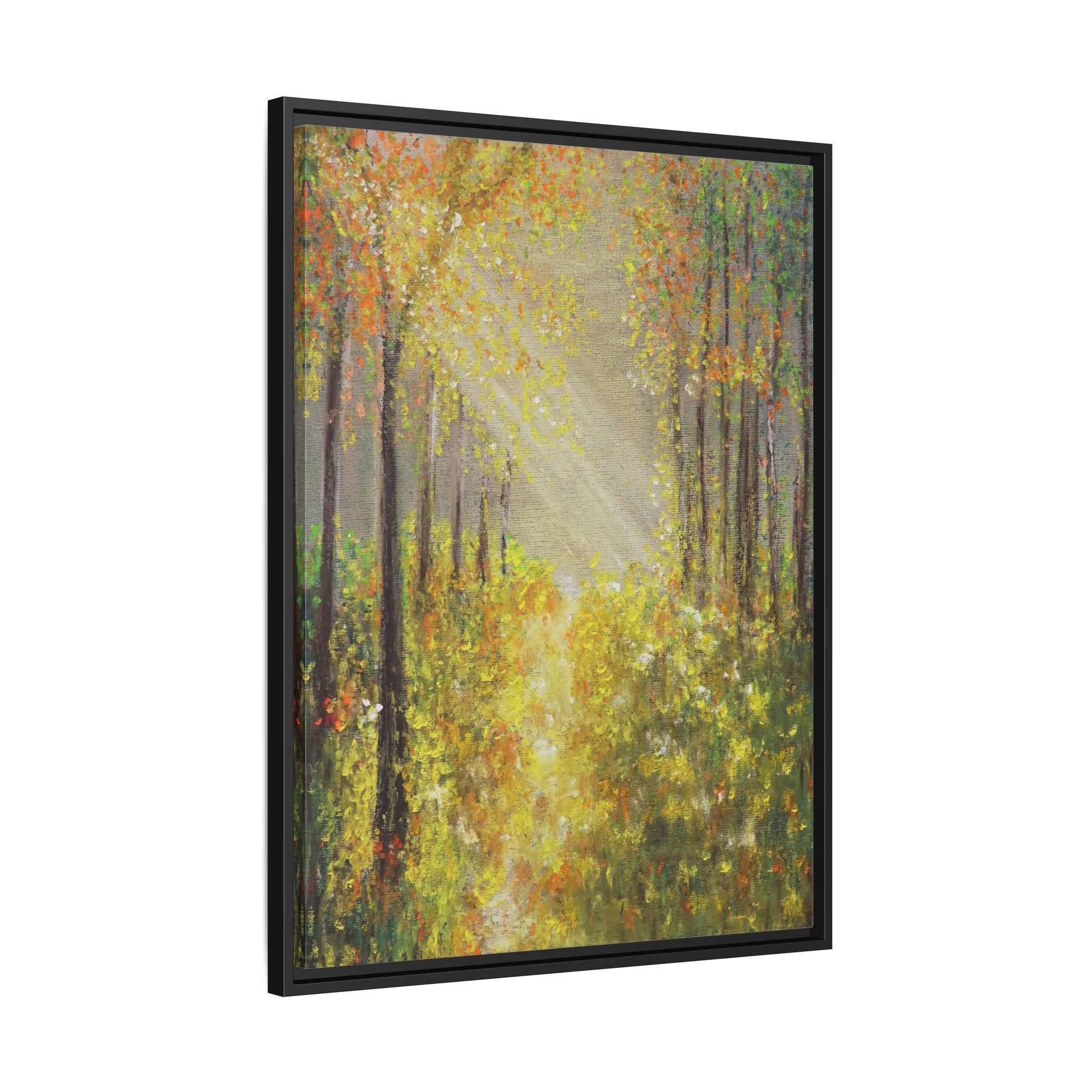 Sunlit Forest Path Framed Canvas Art — Autumn Woodland Wall Decor