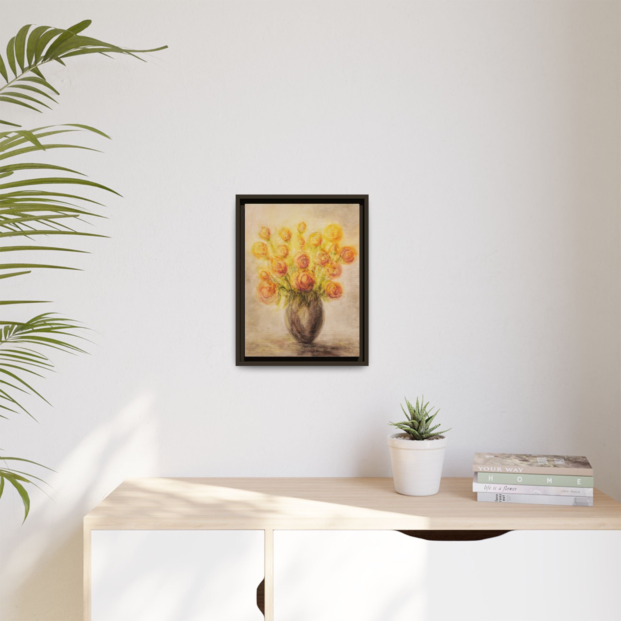 Framed Matte Canvas Floral Bouquet Wall Art — Yellow Rose Vase Print