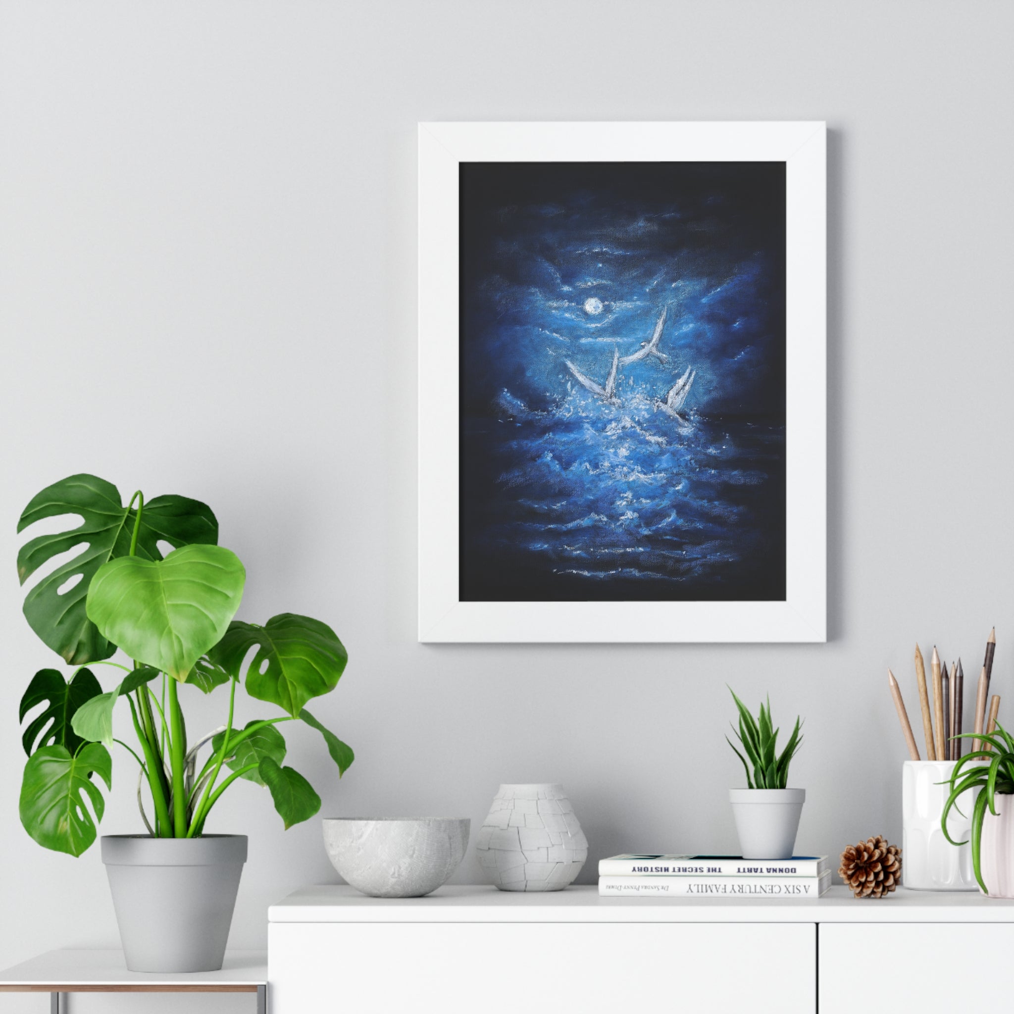 Framed Poster — Moonlit Sea with Flying Birds (Vertical)