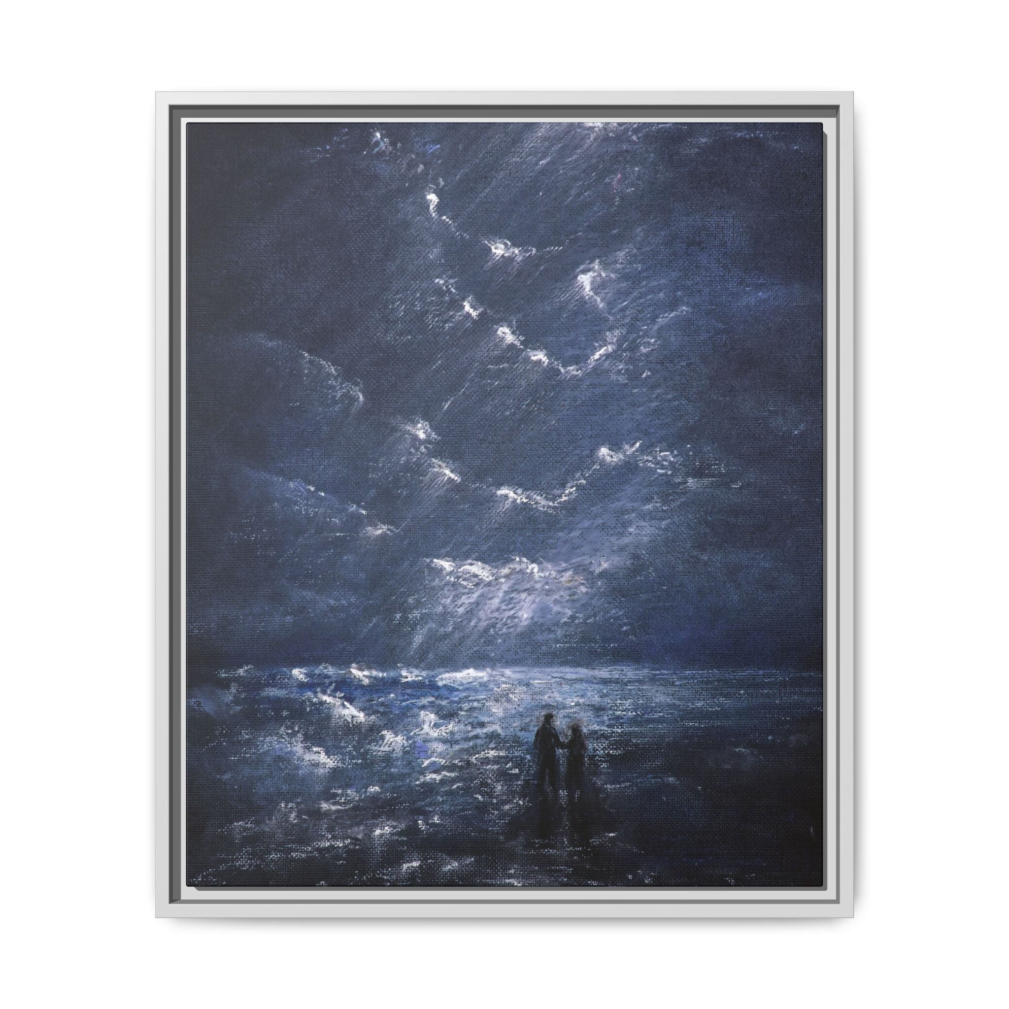 Couple on Shore at Night - Framed Canvas Art