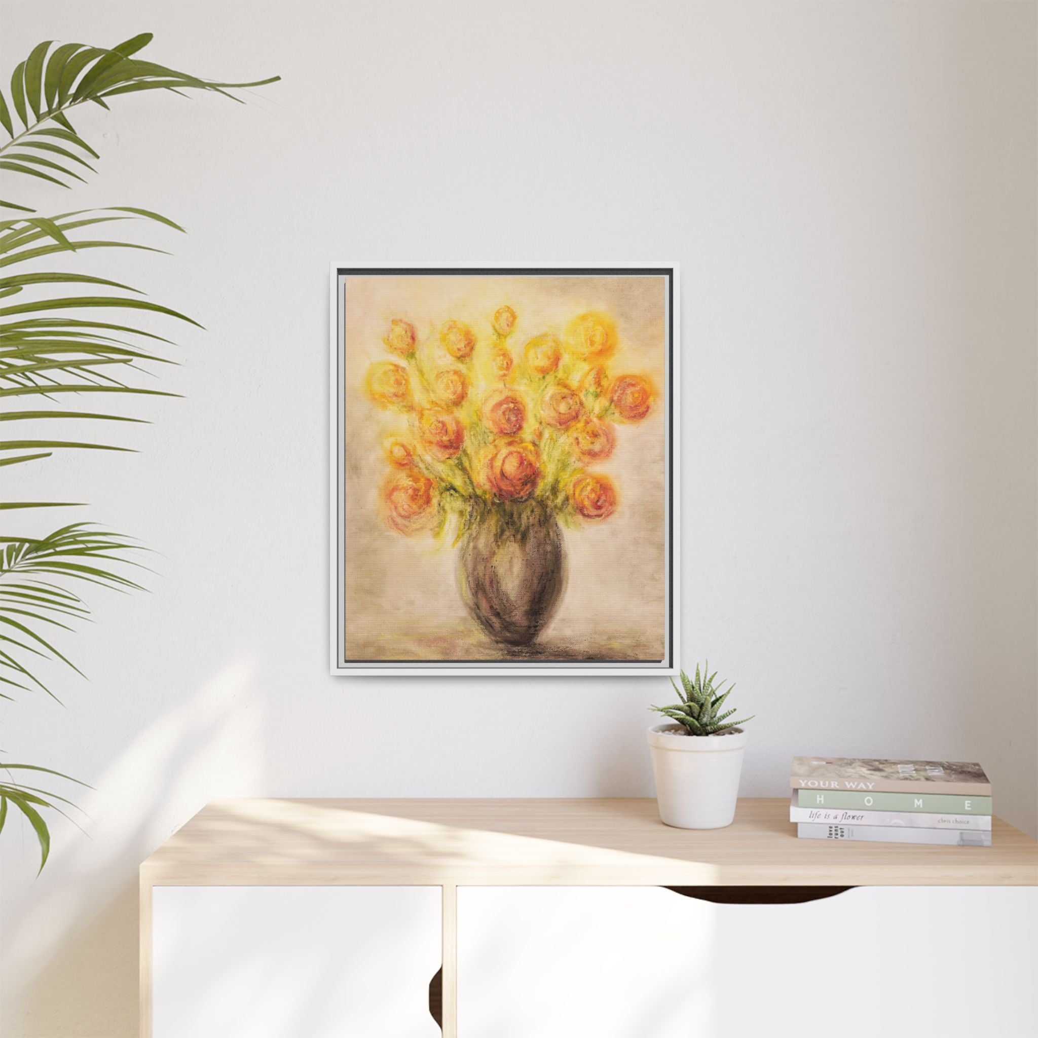 Framed Matte Canvas Floral Bouquet Wall Art — Yellow Rose Vase Print