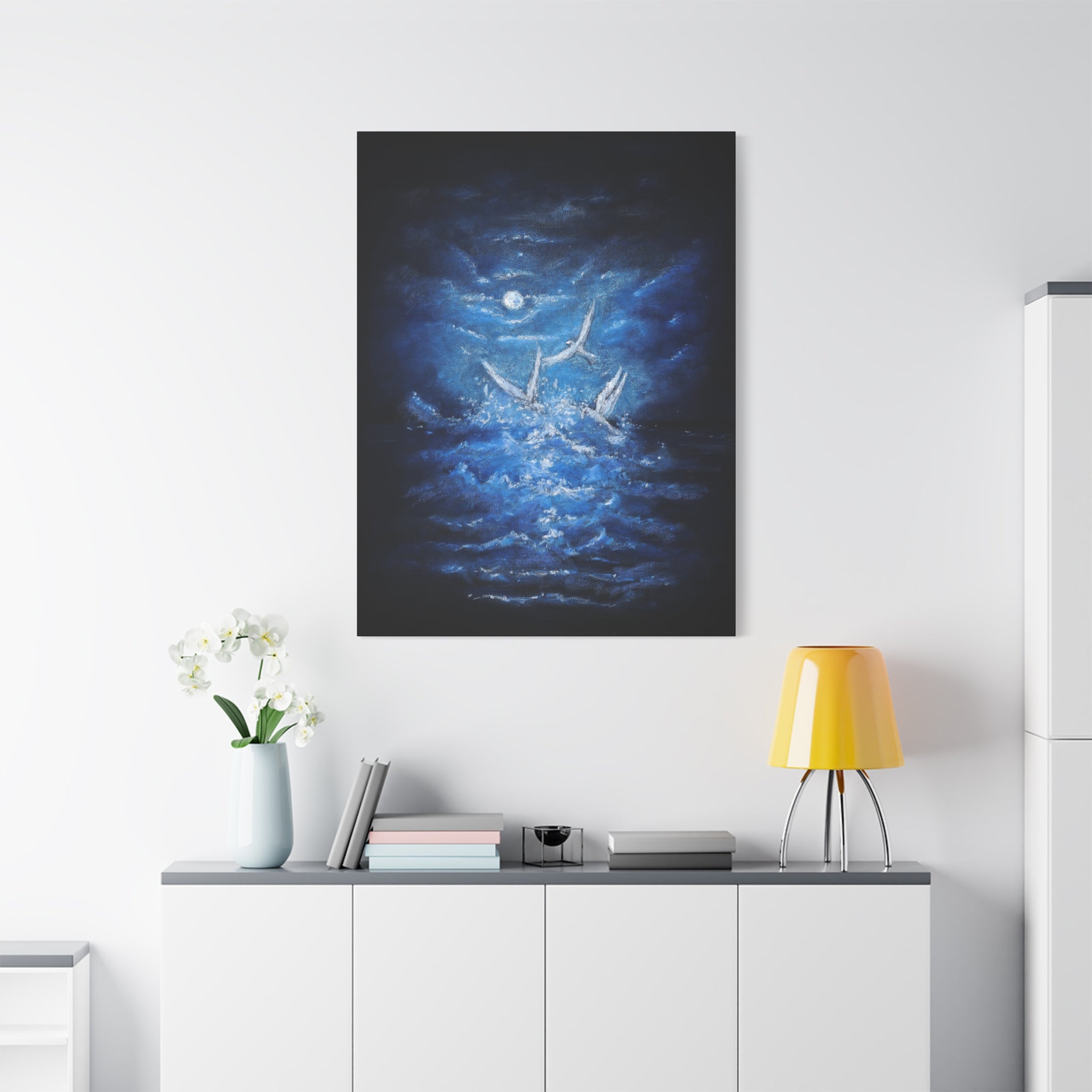 Moonlit White Birds Matte Stretched Canvas – Serene Ocean Wall Art