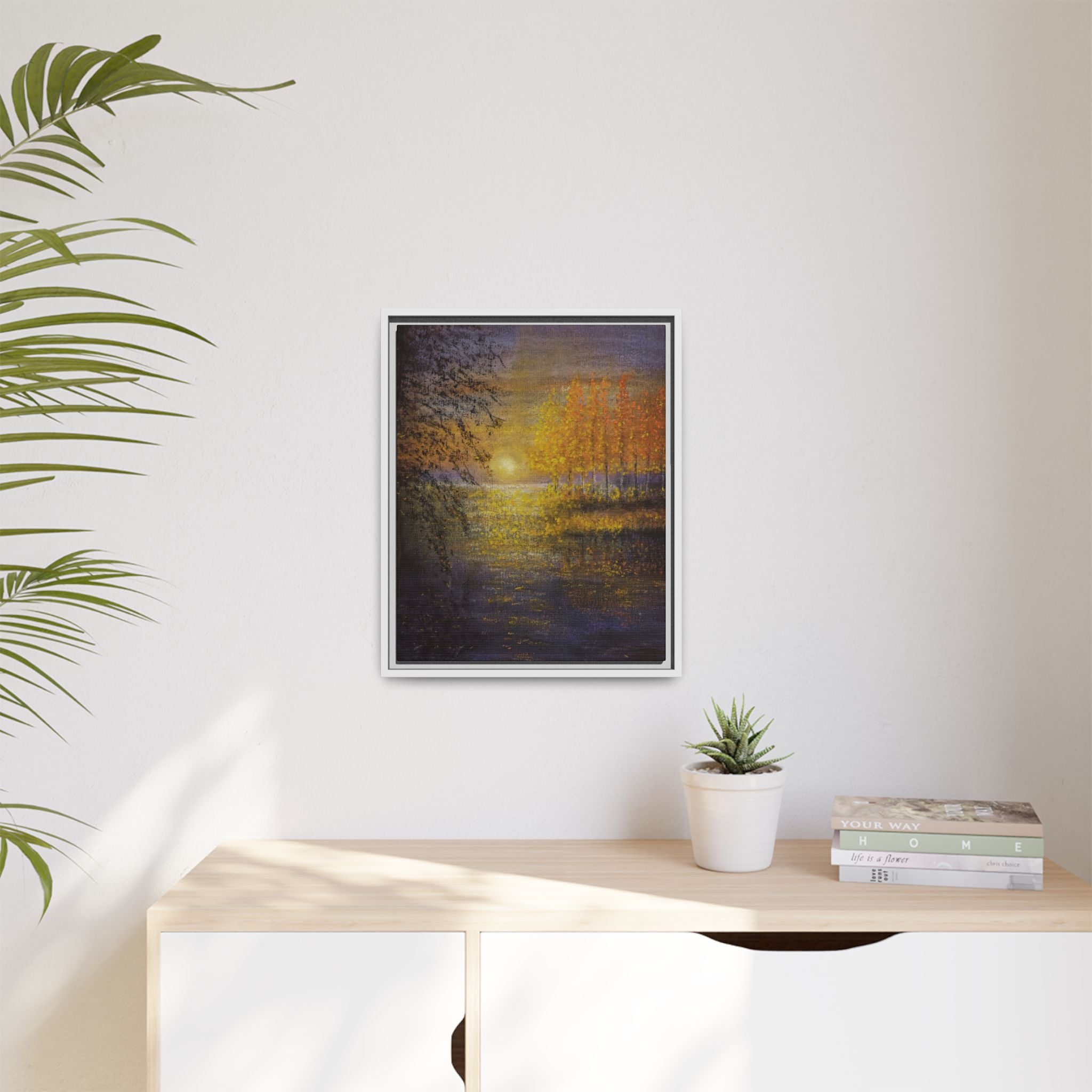 Framed Matte Canvas Painting - Golden Trees Over Tranquil Lake