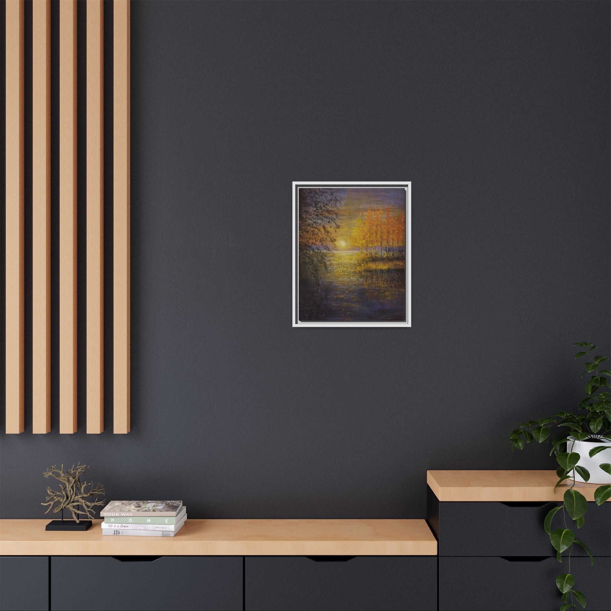 Framed Matte Canvas Painting - Golden Trees Over Tranquil Lake