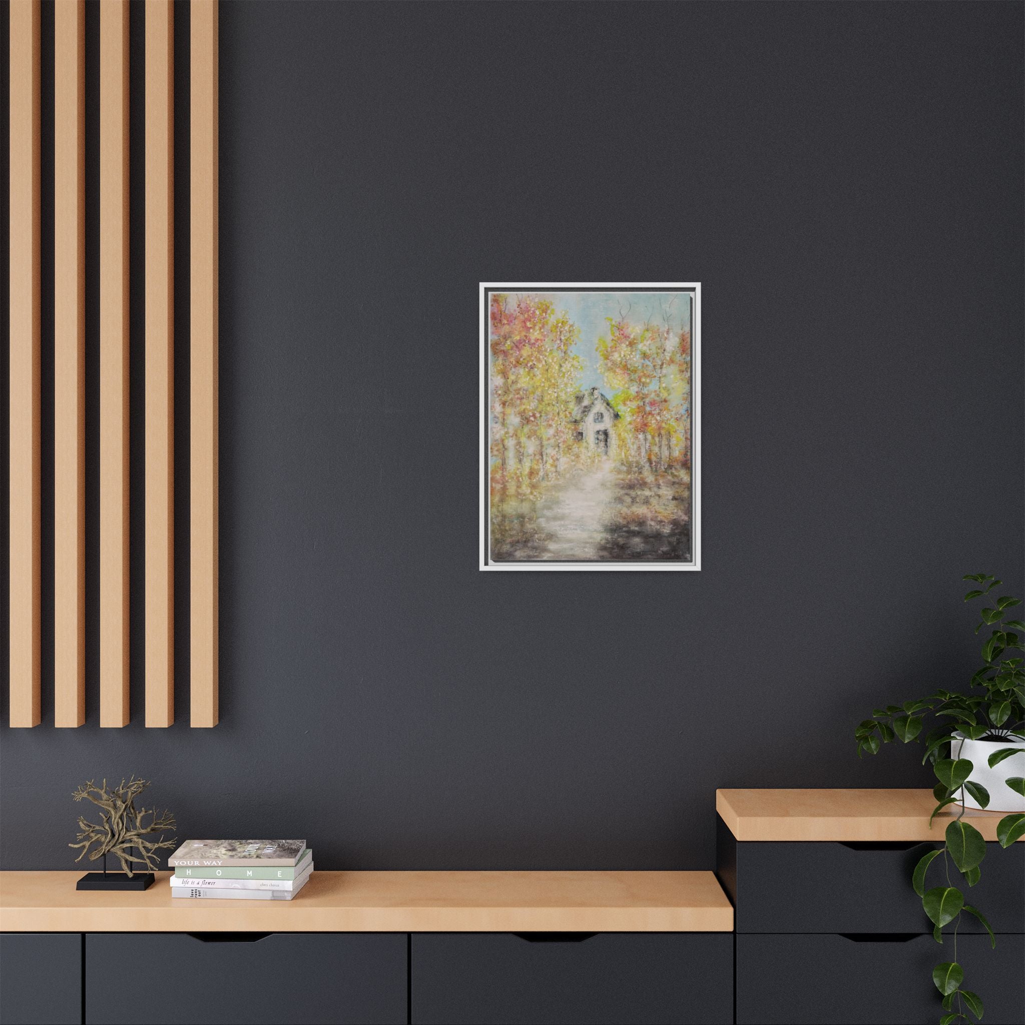 Framed Autumn Cottage Canvas Print — Rustic Fall Landscape Wall Art