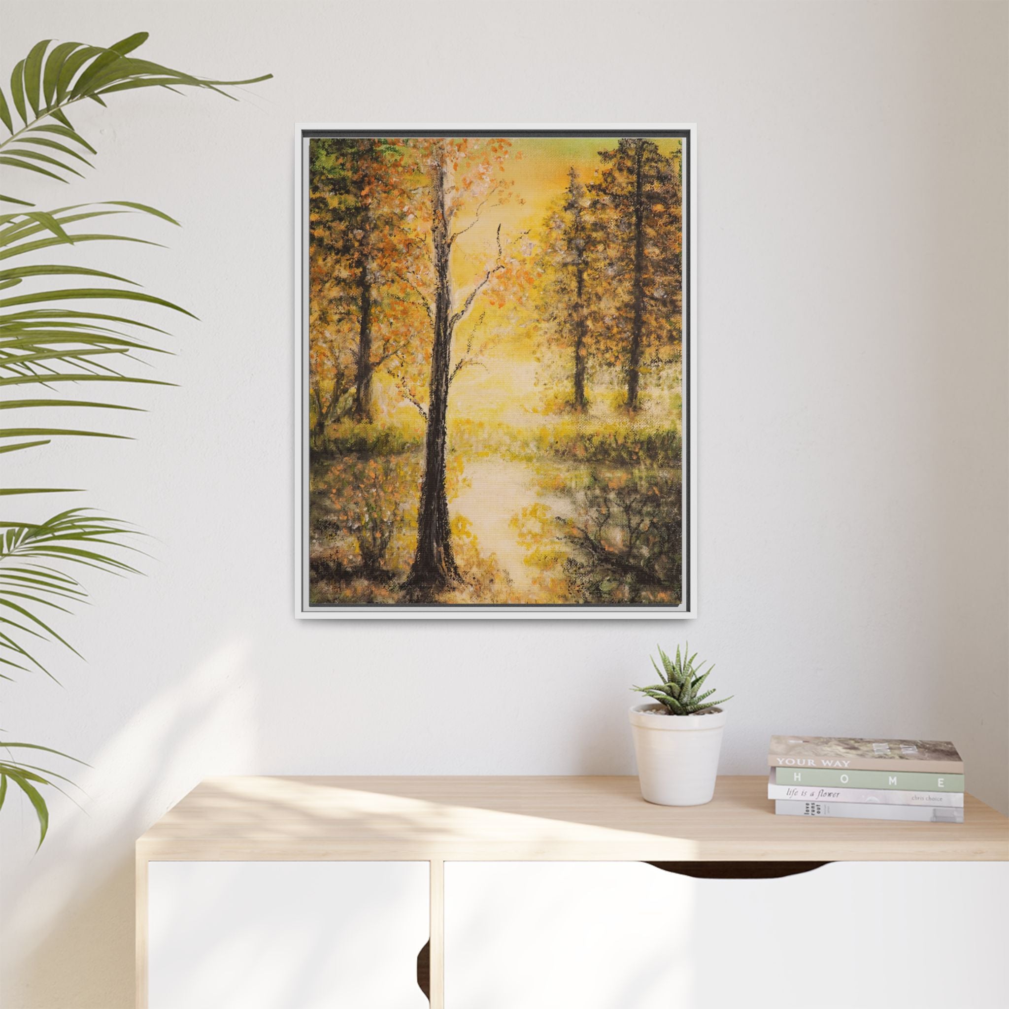 Framed Autumn Forest Canvas Print — Golden Lakeside Wall Art