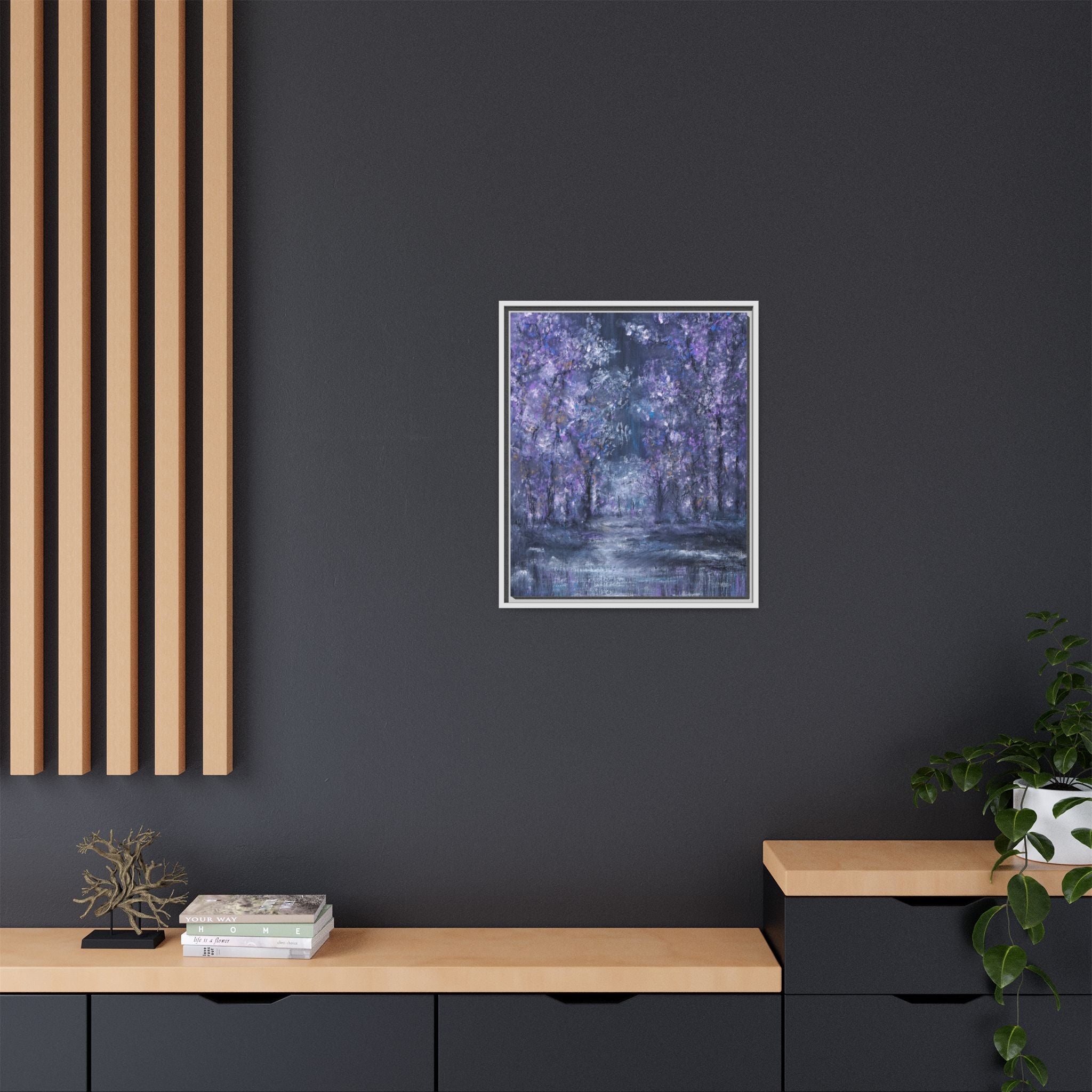 Framed Matte Canvas Art – Lavender Forest Moonlit Landscape