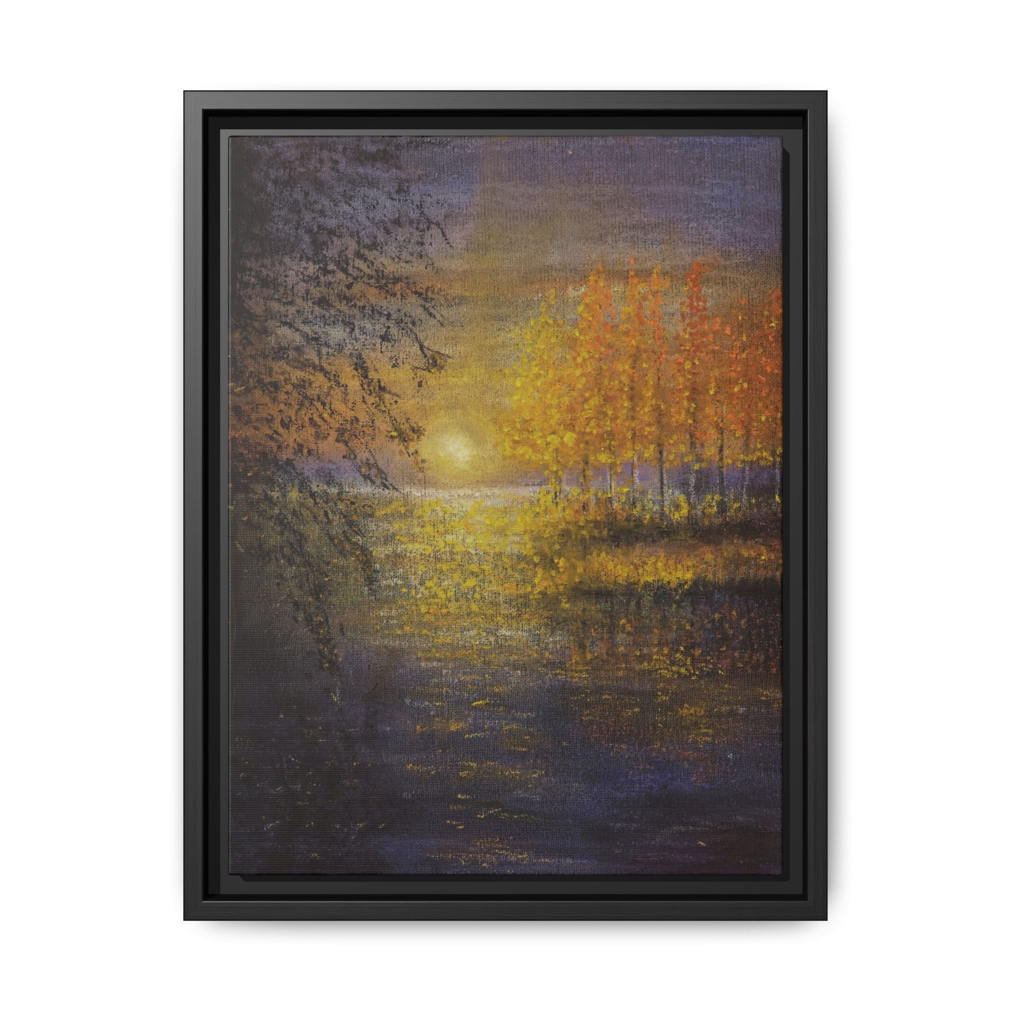 Framed Matte Canvas Painting - Golden Trees Over Tranquil Lake