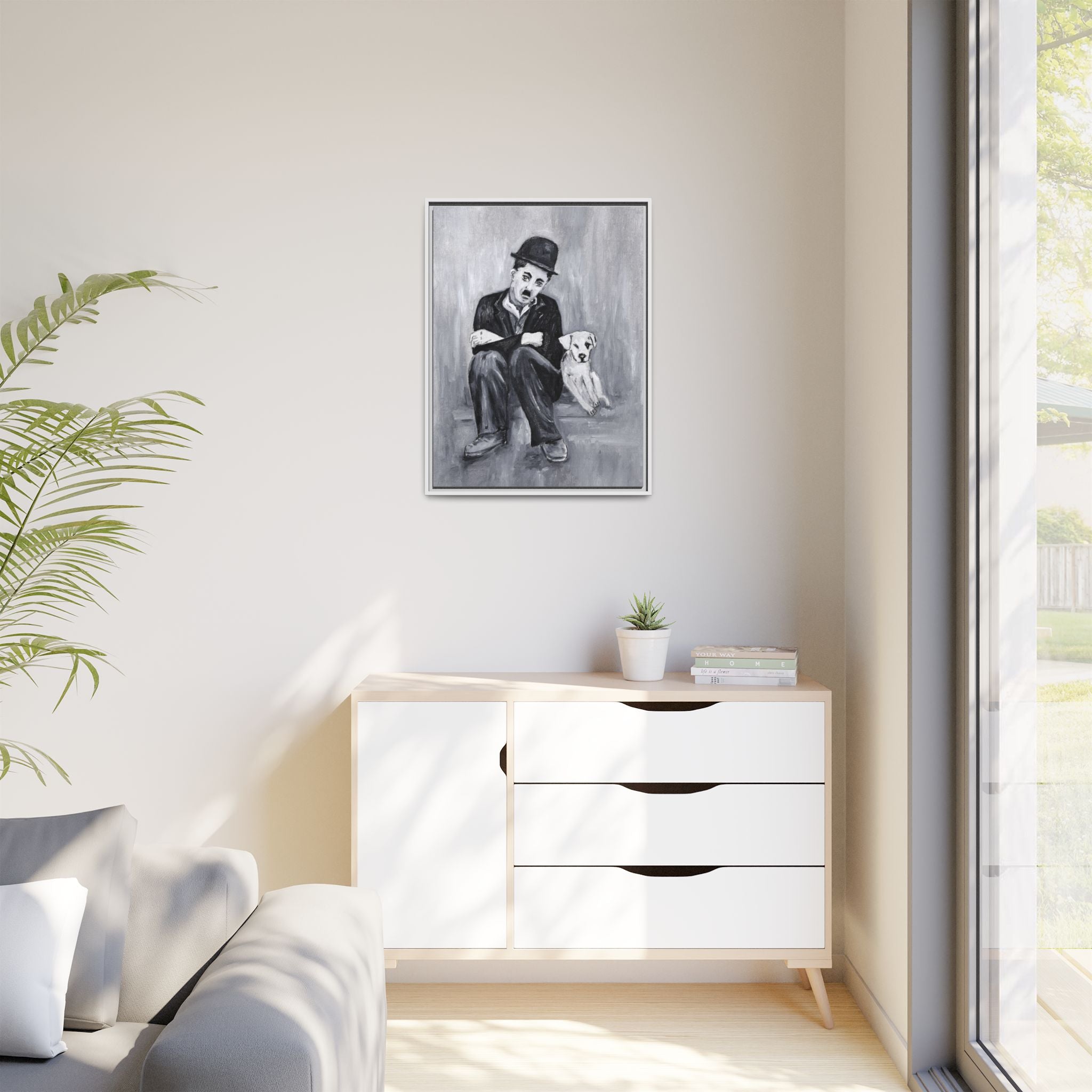 Charlie Chaplin & Dog Matte Framed Canvas Print — Vintage Black & White Wall Art