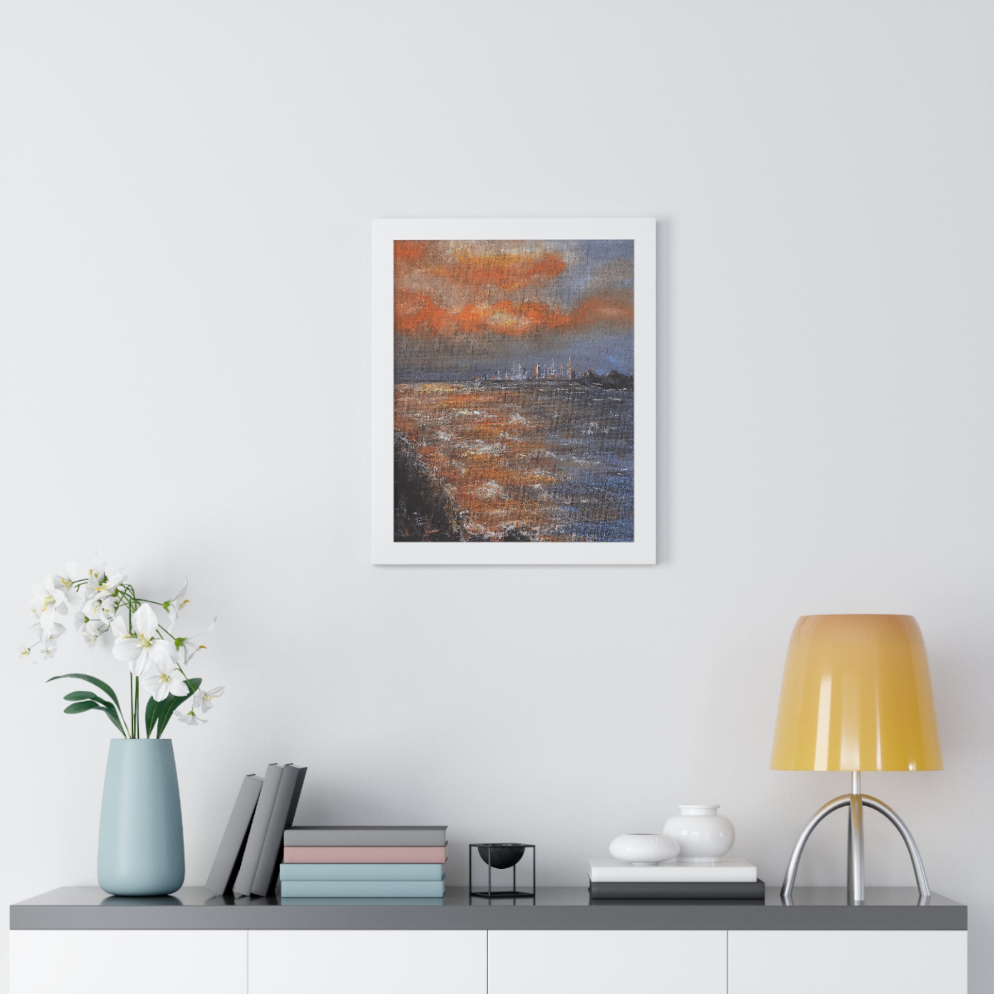 Framed Seascape Poster — Orange Sunset Coastal Art Print